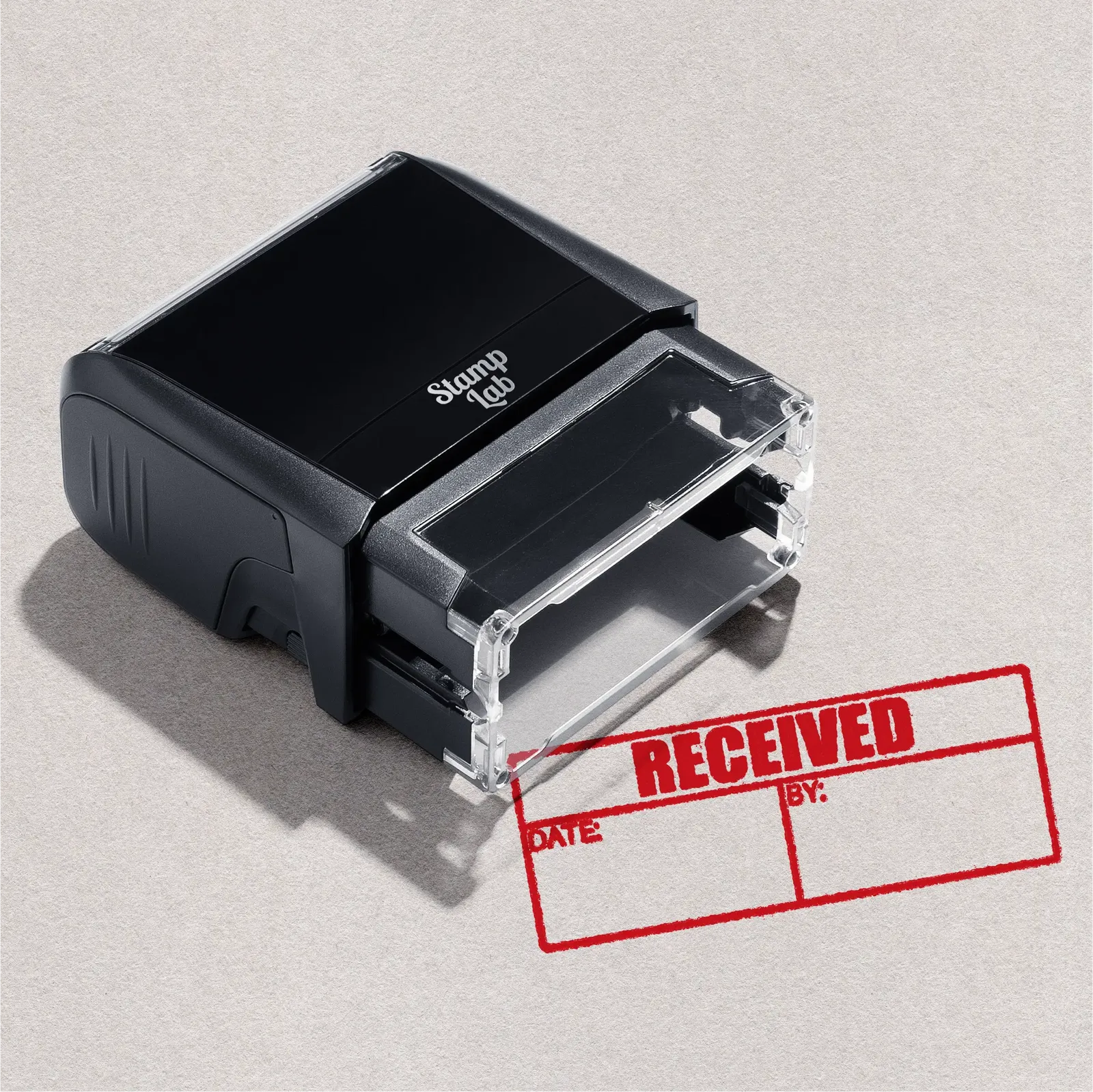 Self-inking stamp 'Received; Date: By: Stamp red ink