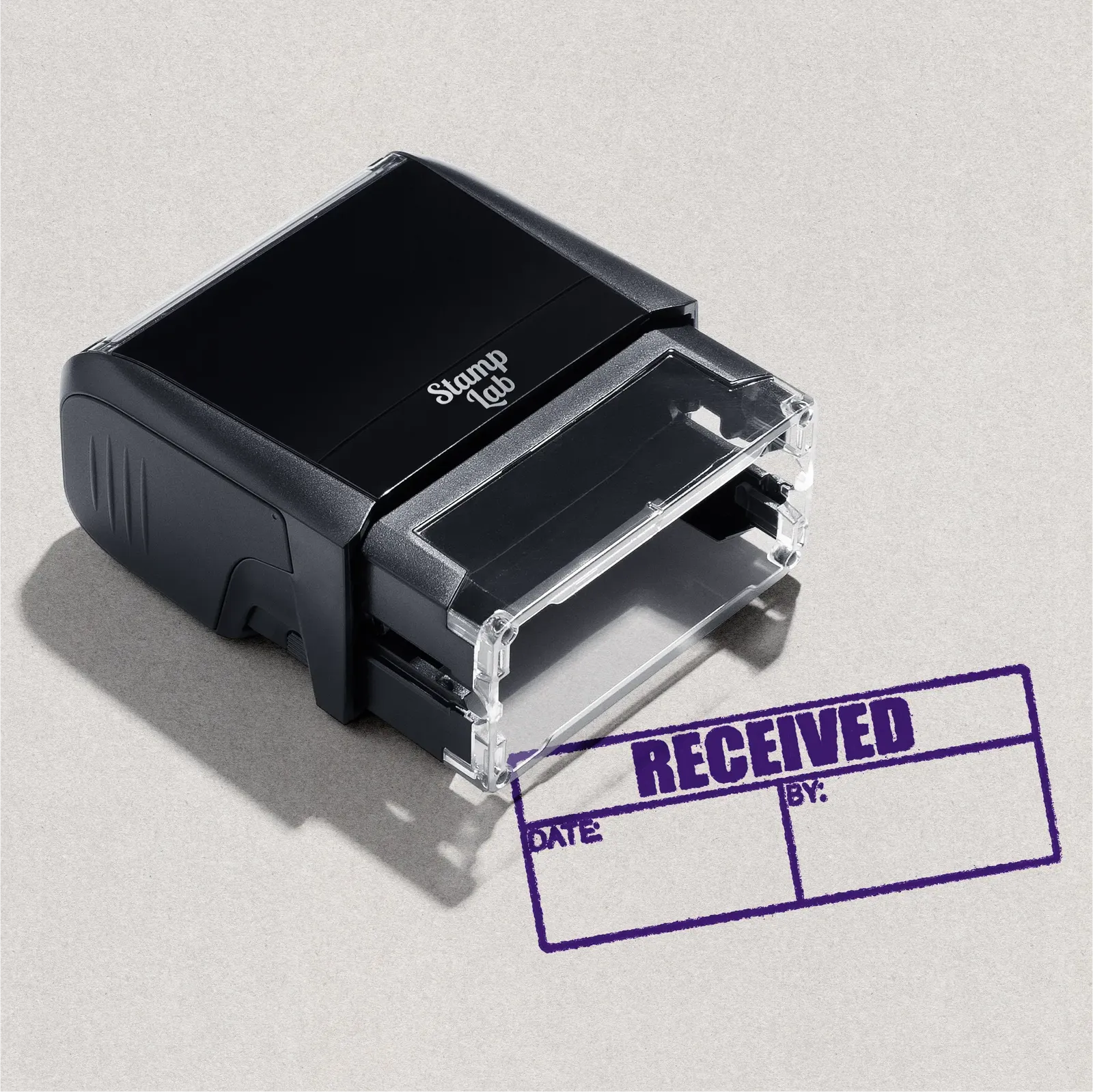 Self-inking RECEIVED' stamp with two sections for entering the 'Date' and 'By, Violet ink