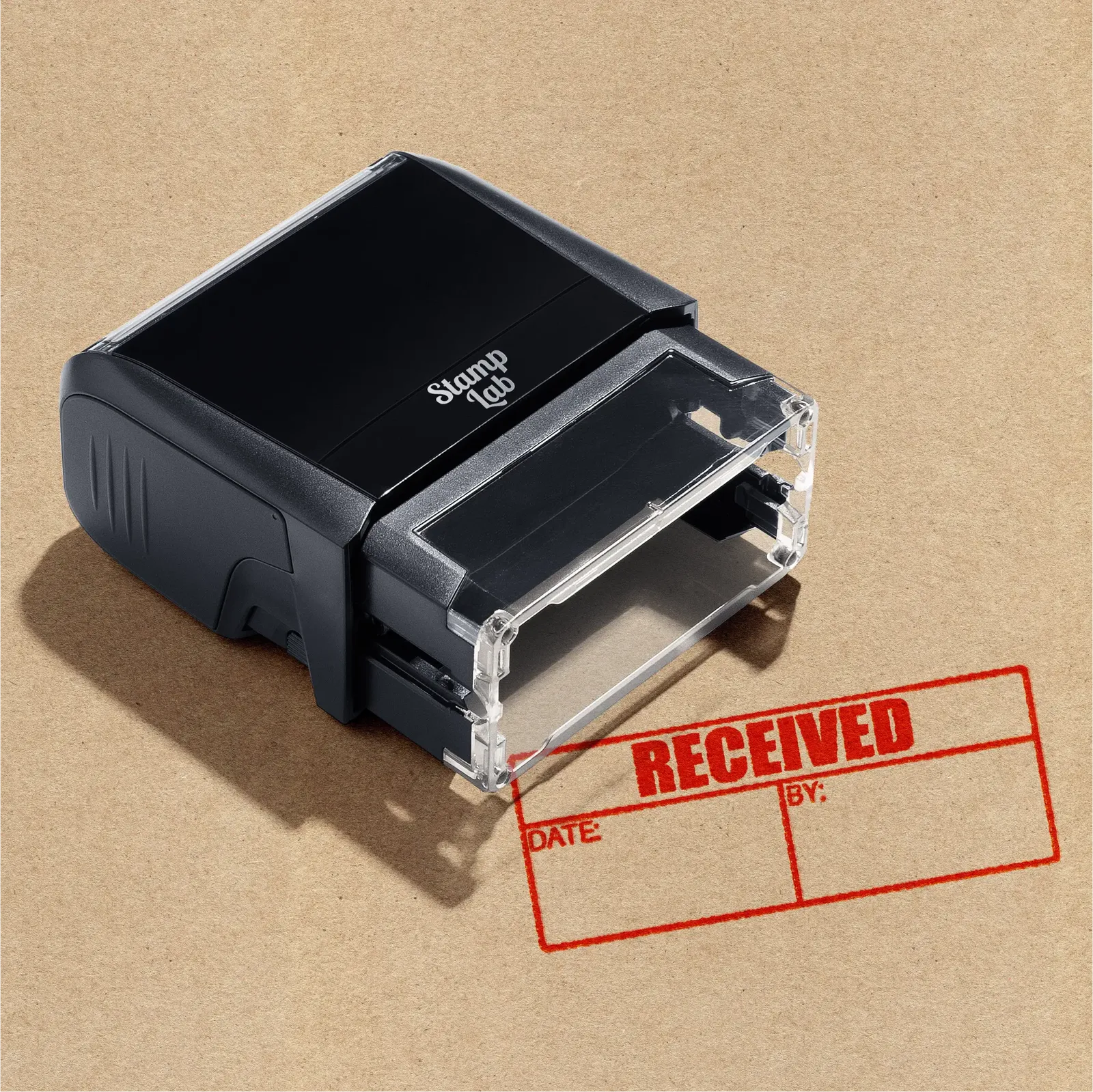 Self-inking rubber stamp, readymade design Orange ink RECEIVED 'Date' and 'By design