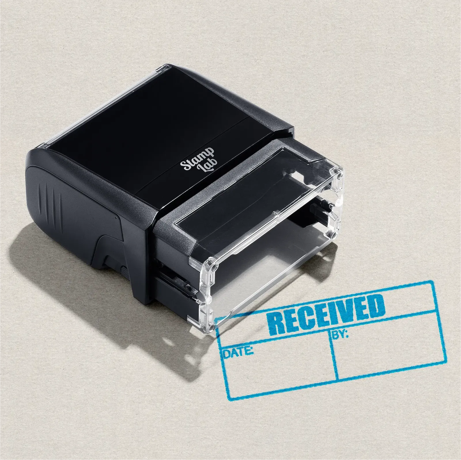 pre-designed self-inking stamper RECEIVED 'Date' and 'By' table in Turquoise ink