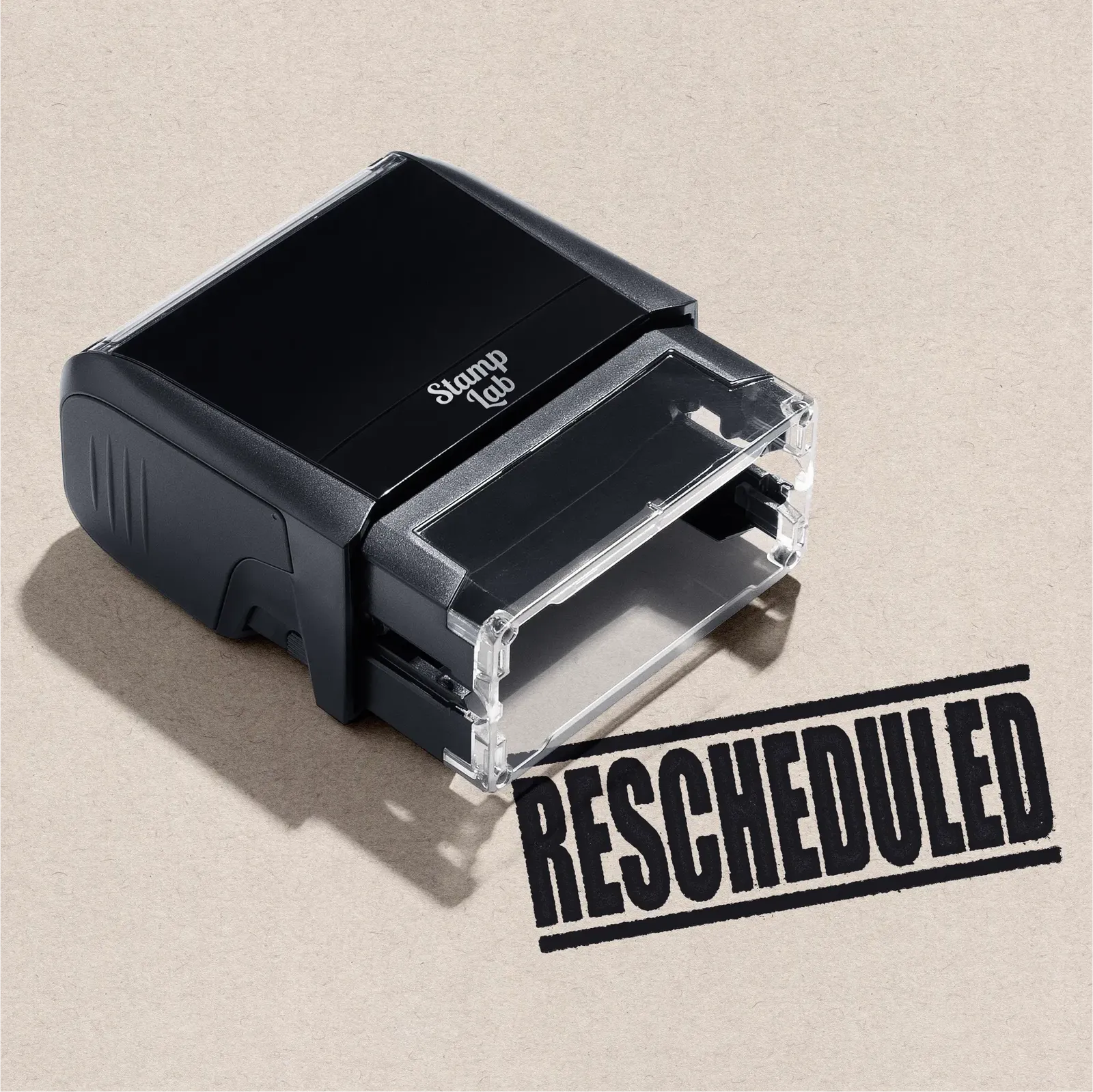 Self-inking office stamp, RESCHEDULED design in Black ink