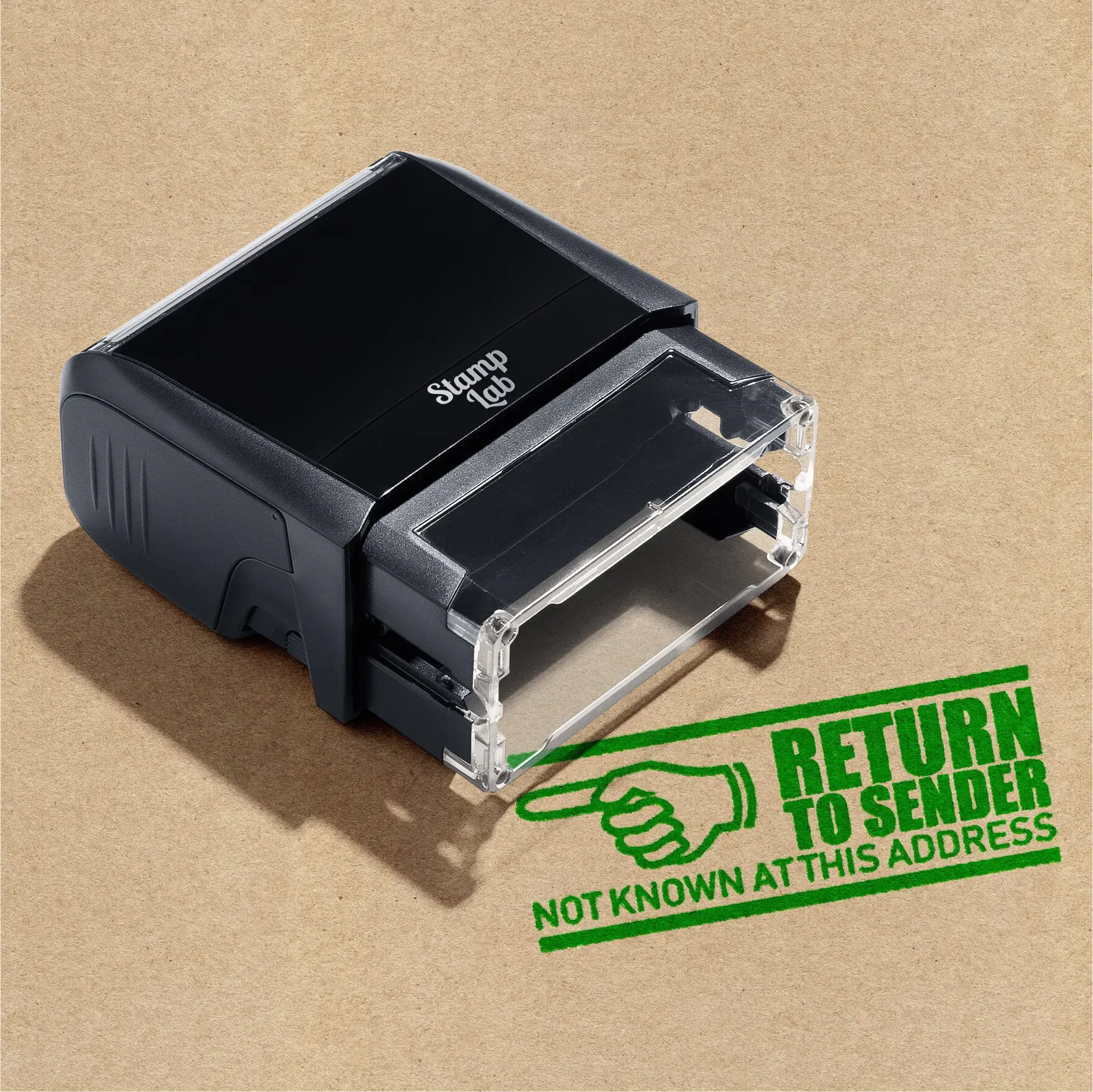 self-inking stamp, featuring apple-green 'Return to Sender' stamp stock design.
