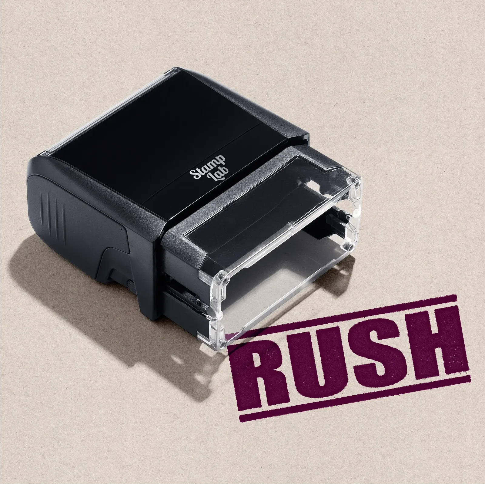 self-inking office stamp "Rush" design maroon ink
