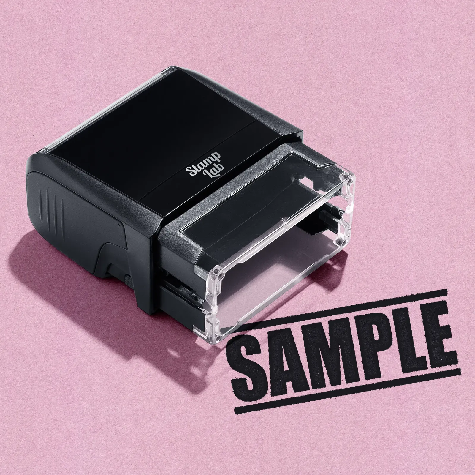 mock up design or lifestyle image of 'Sample ' rubber stamp black ink in paper background stampers hand stamp office business inventory documents self inking prefill refillable stamps stamping