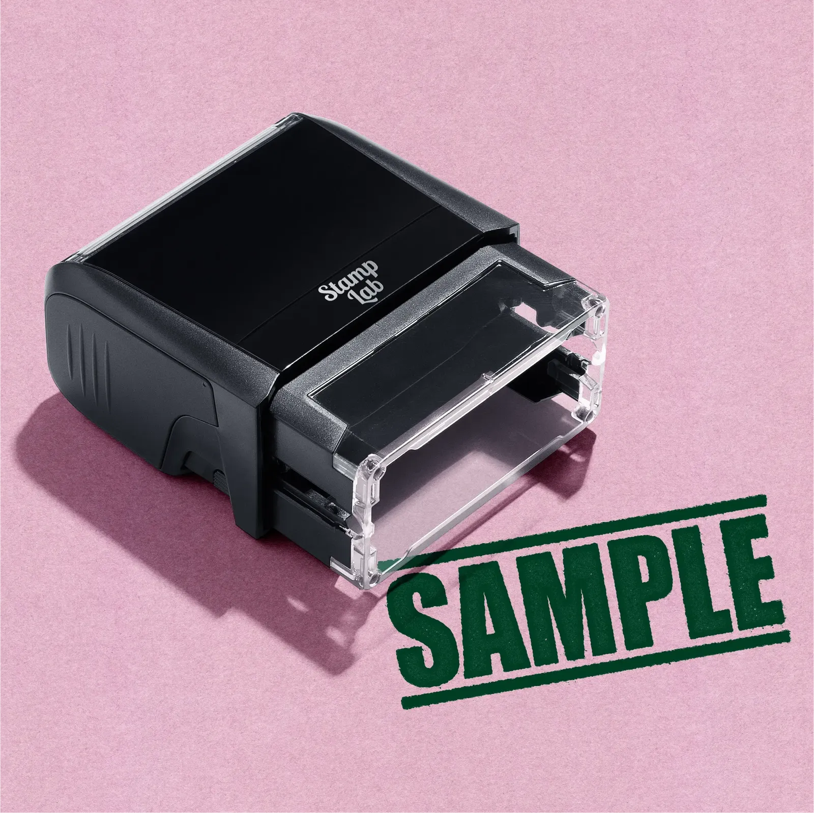 mock up design or lifestyle image of 'Sample ' rubber stamp green ink in paper background stampers hand stamp office business inventory documents self inking prefill refillable stamps stamping