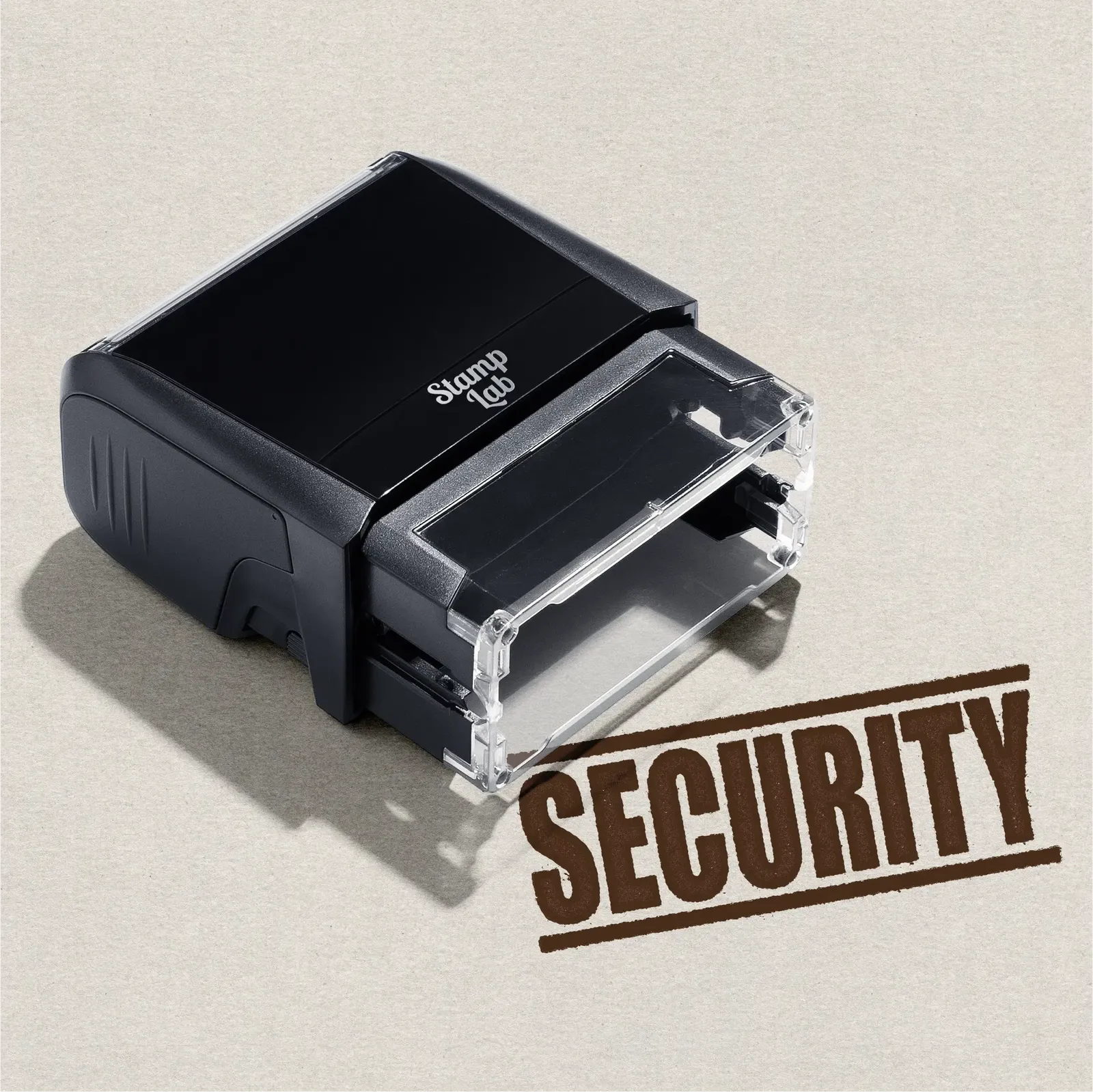 Self-inking stamper, Office stamper with "Security" design in brown ink