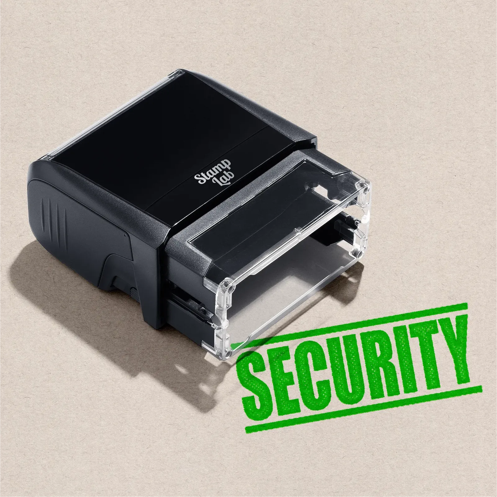 Black self-inking stamp with 'Security' text inApple-green ink