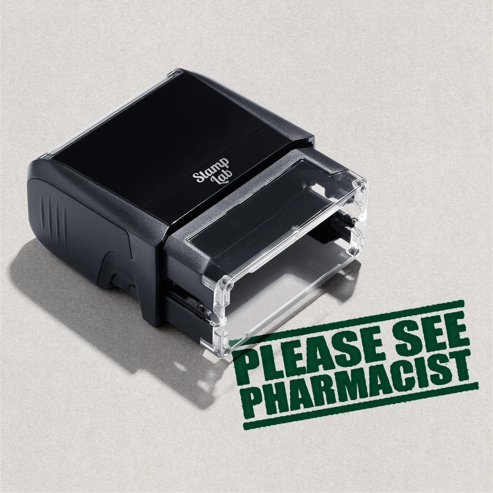 Self-inking rubber stamp 'PLEASE SEE PHARMACIST' green ink