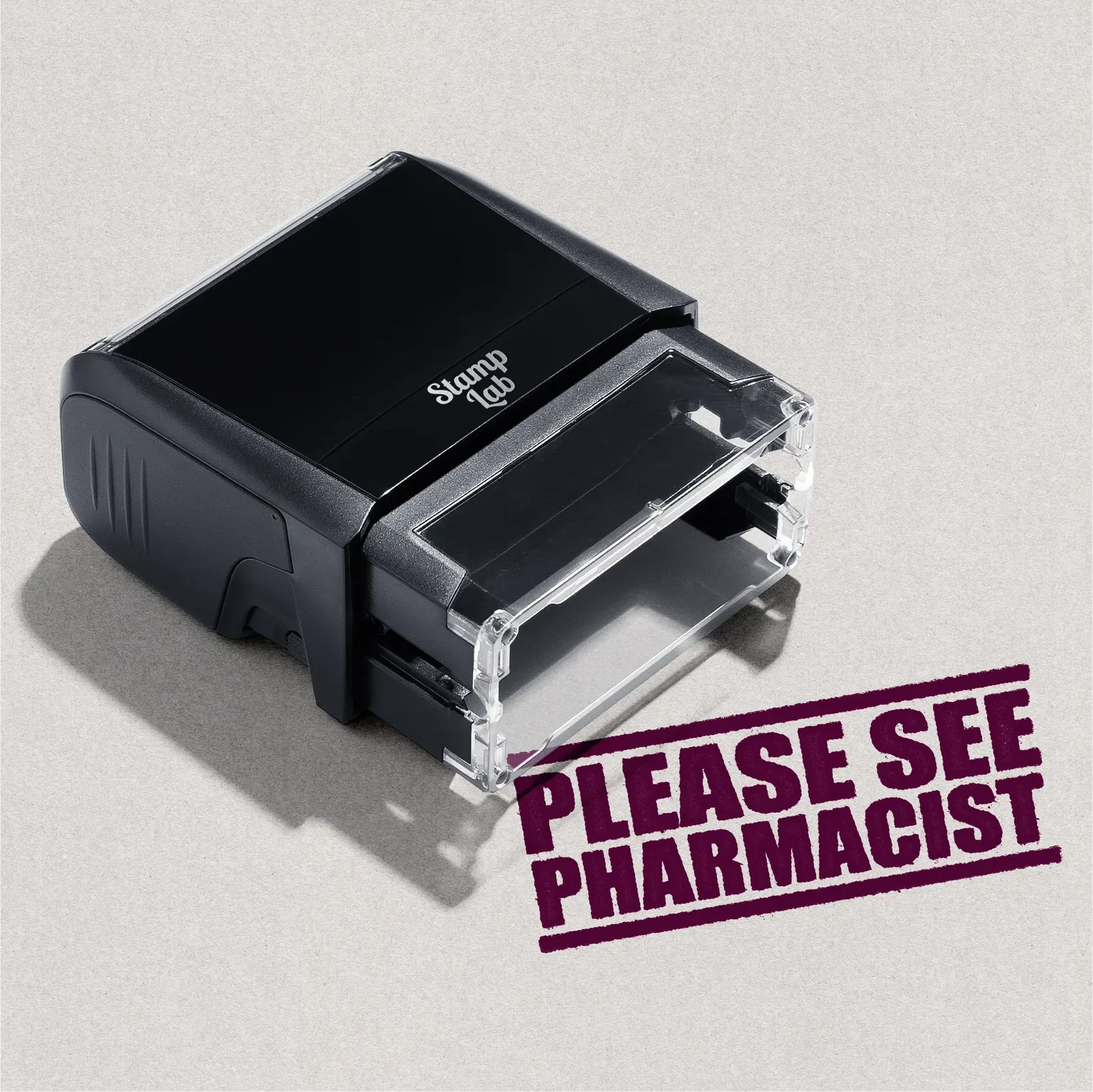 self-inking rubber stamp 'PLEASE SEE PHARMACIST' in Maroon ink