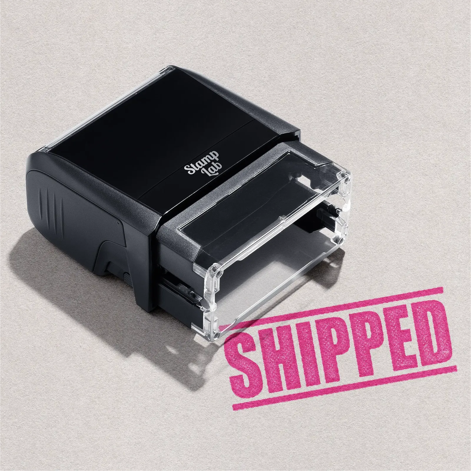 self-inking stamp ready made design "Shipped" ink pink ink