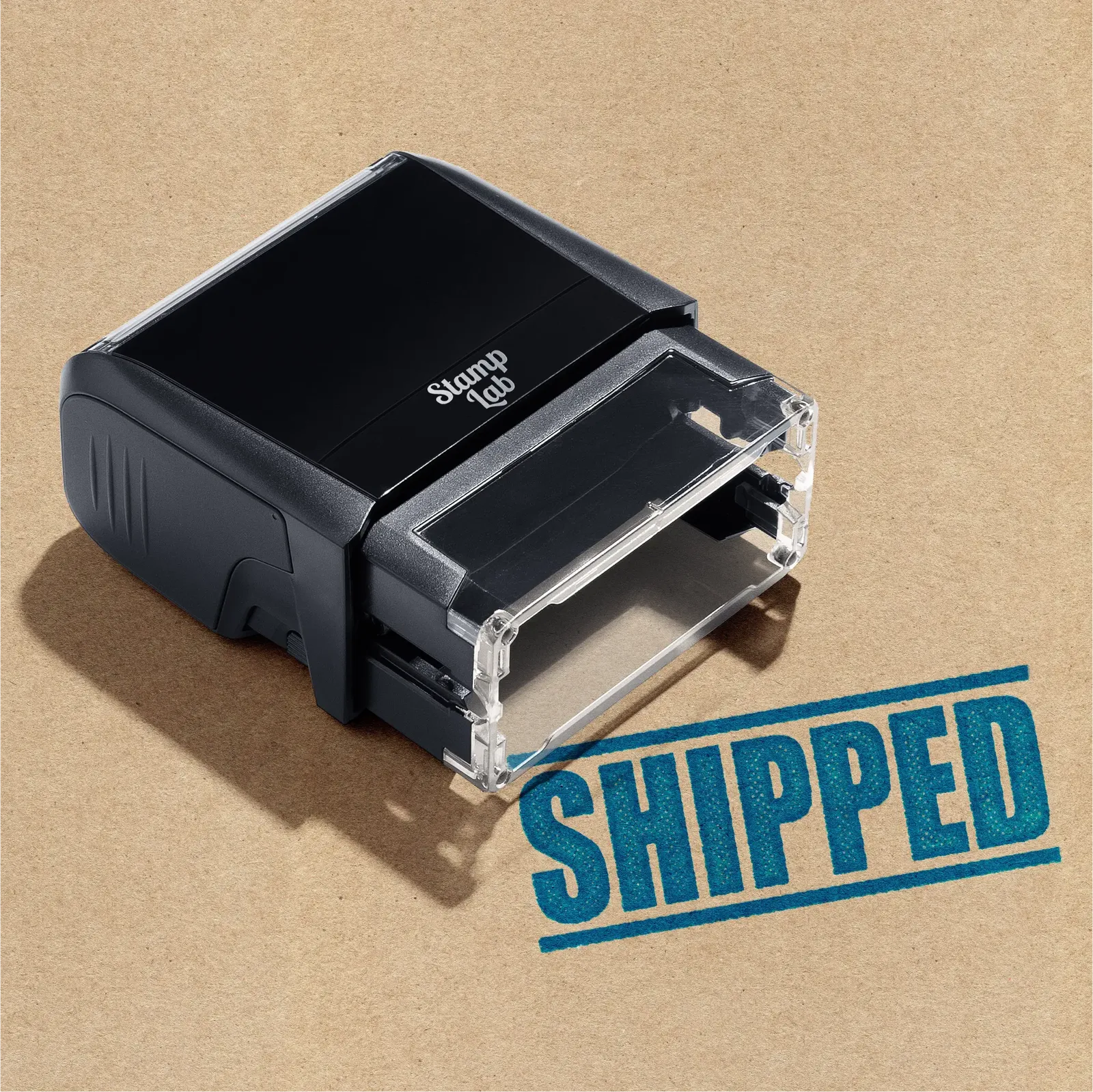 self-inking rubber stamp pre-made design "Shipped" sky blue ink