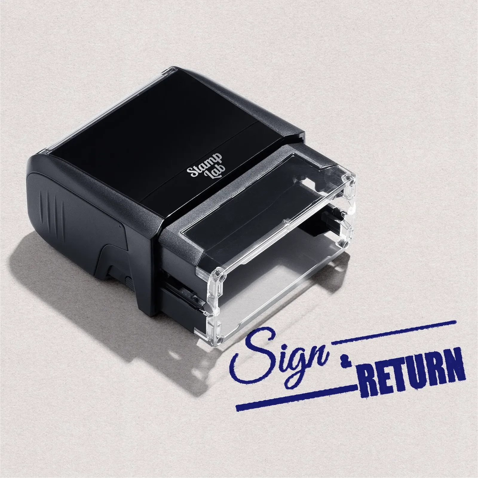 pre-inked Sign and Return hand stamp blue ink