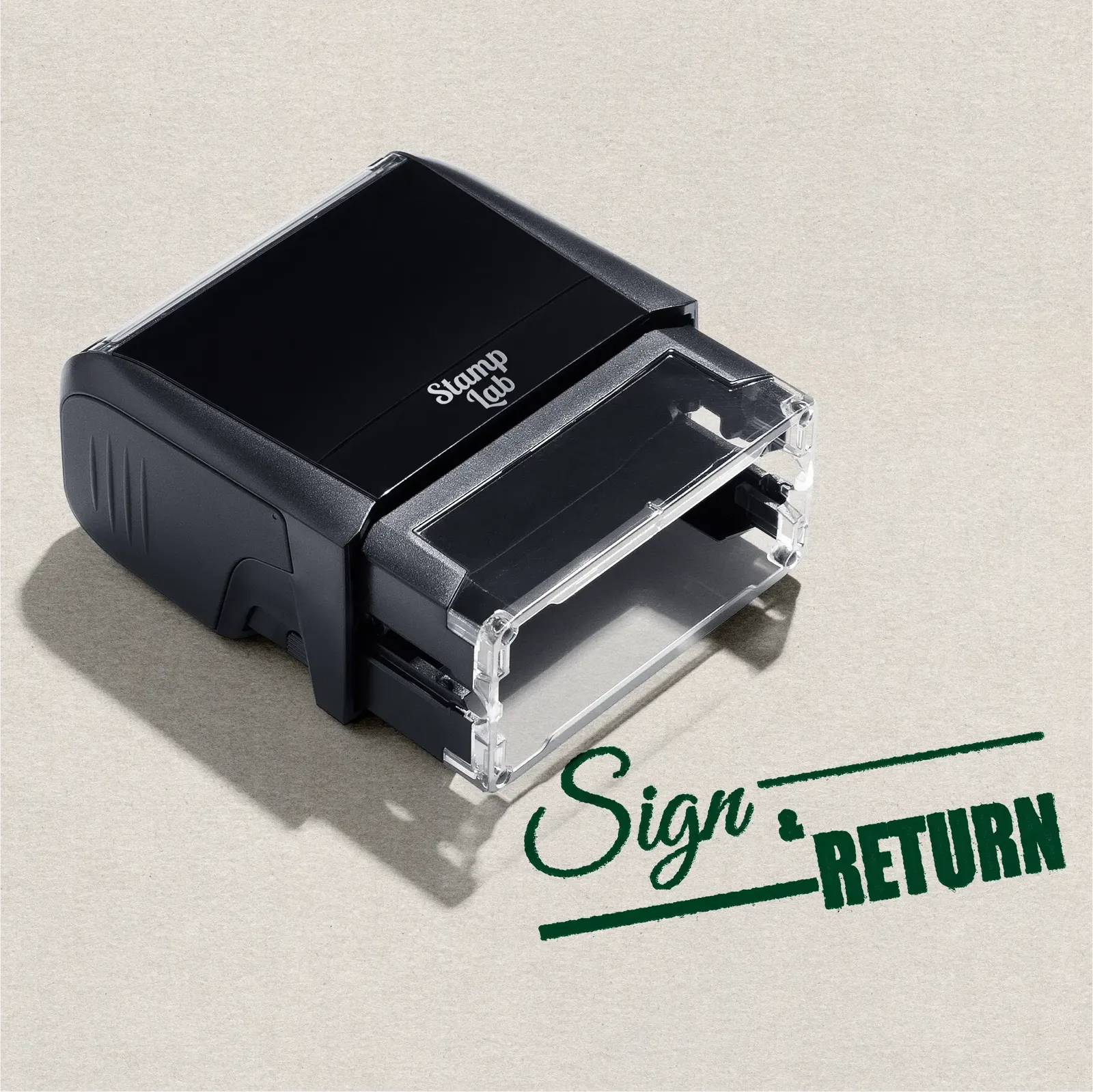 self-inking stamper Green ink "Sign and Return" design