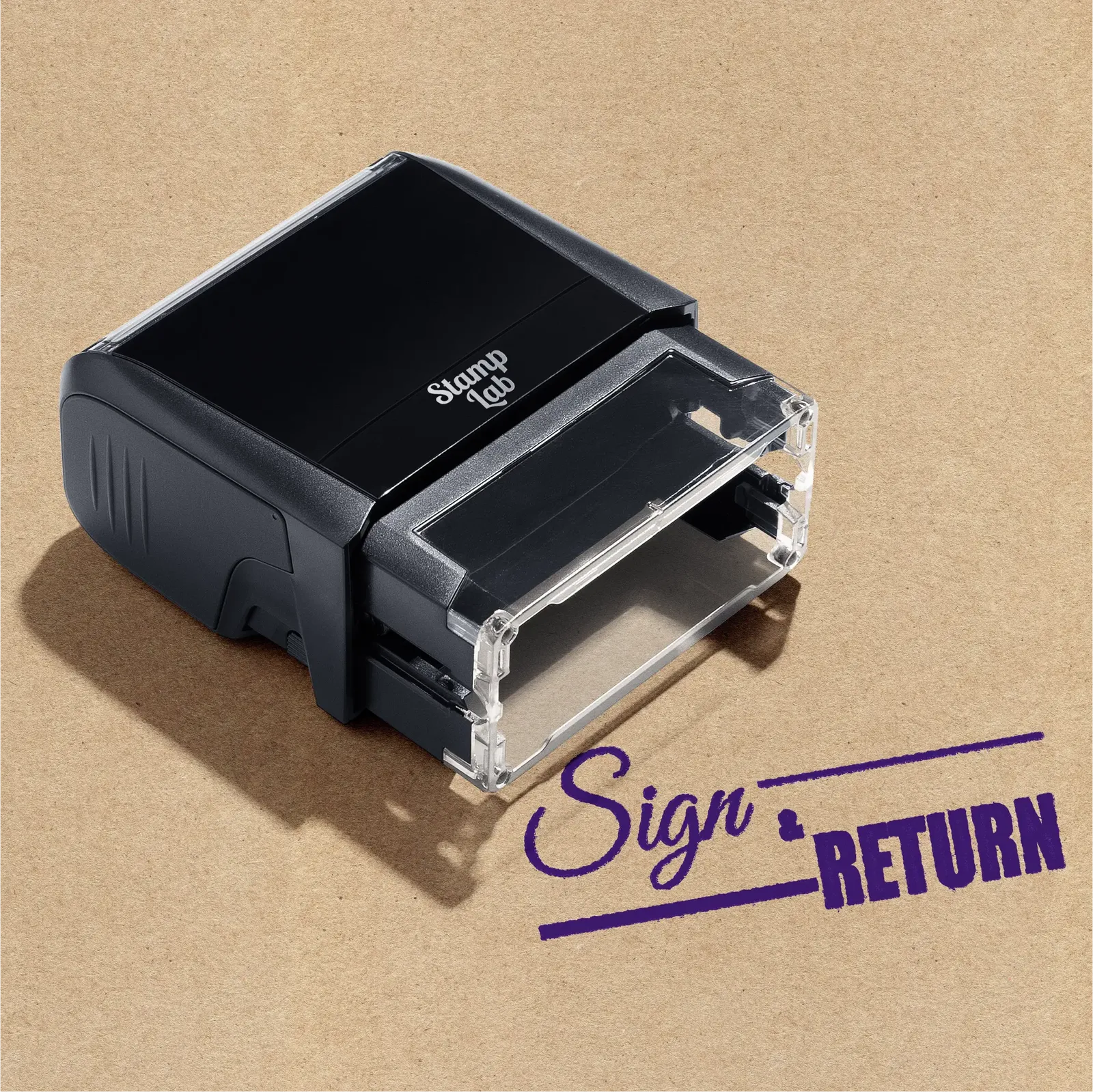 purple Sign and Return hand stamp