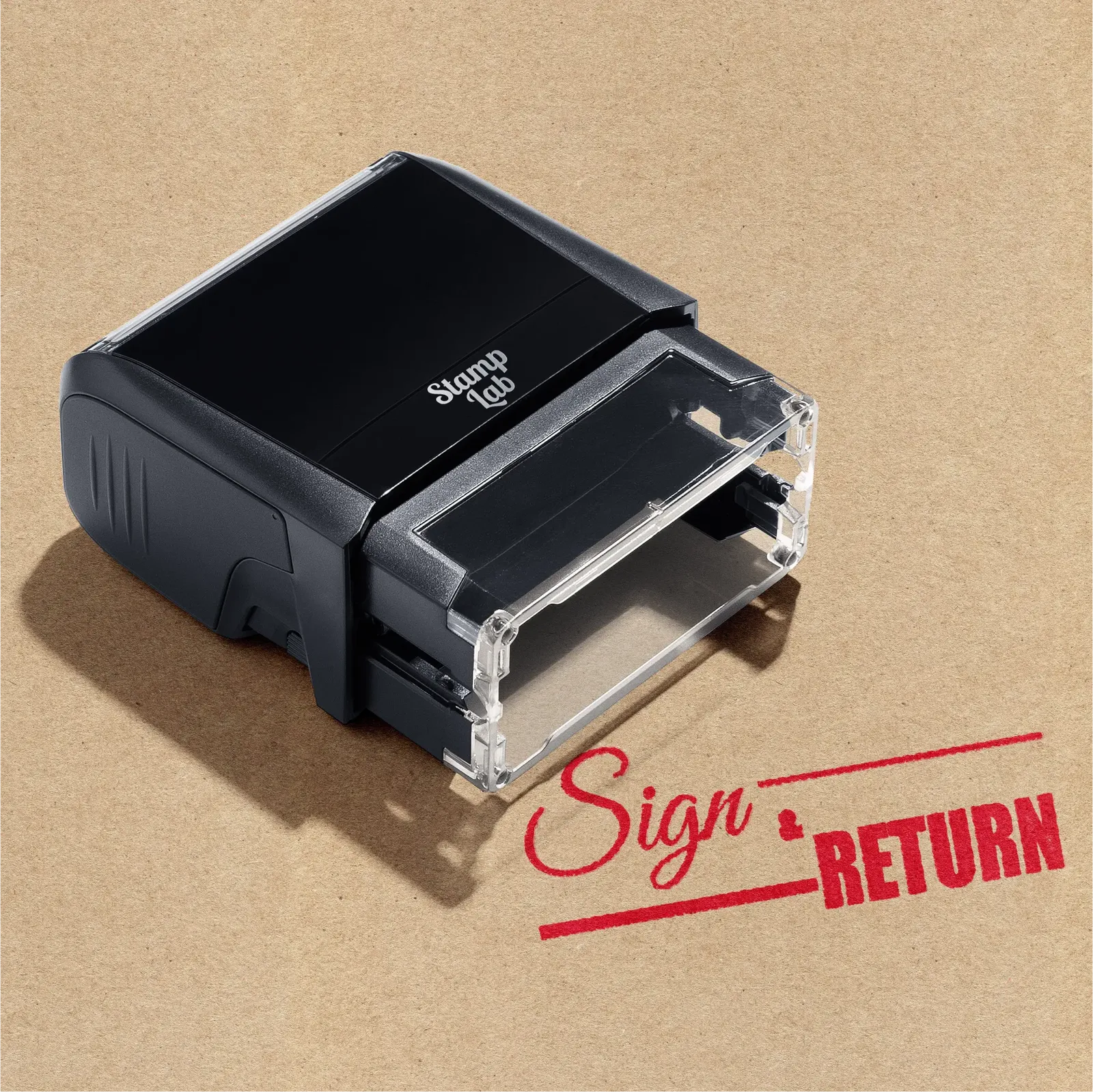 pre-designed Sign and Return hand stamp pink ink