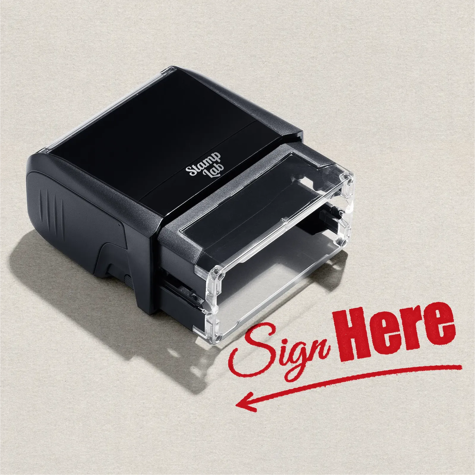 Sign Here' with a left-pointing arrow pre-designed rubber stamp red ink