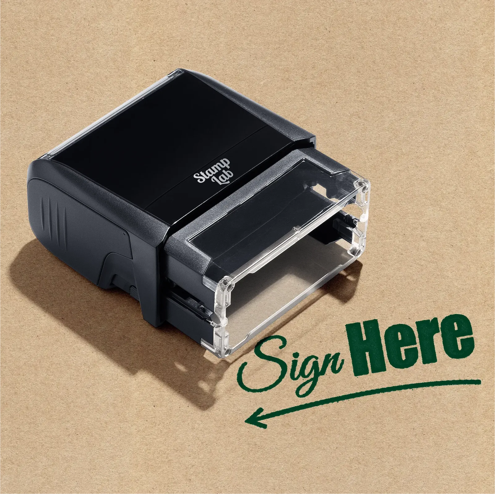 self-inking Sign Here' with a left-pointing arrow stamp in green ink