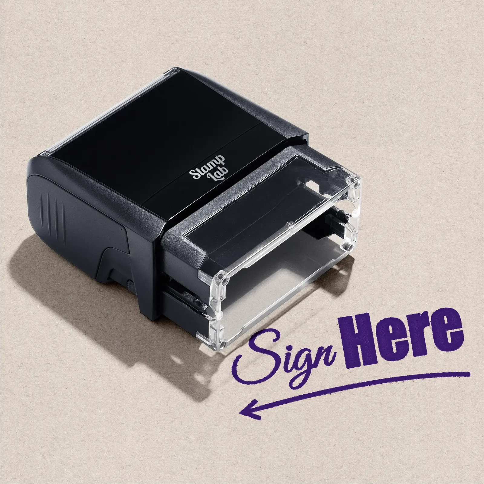 Violet Sign Here' with a left-pointing arrow self-inking rubber stamp