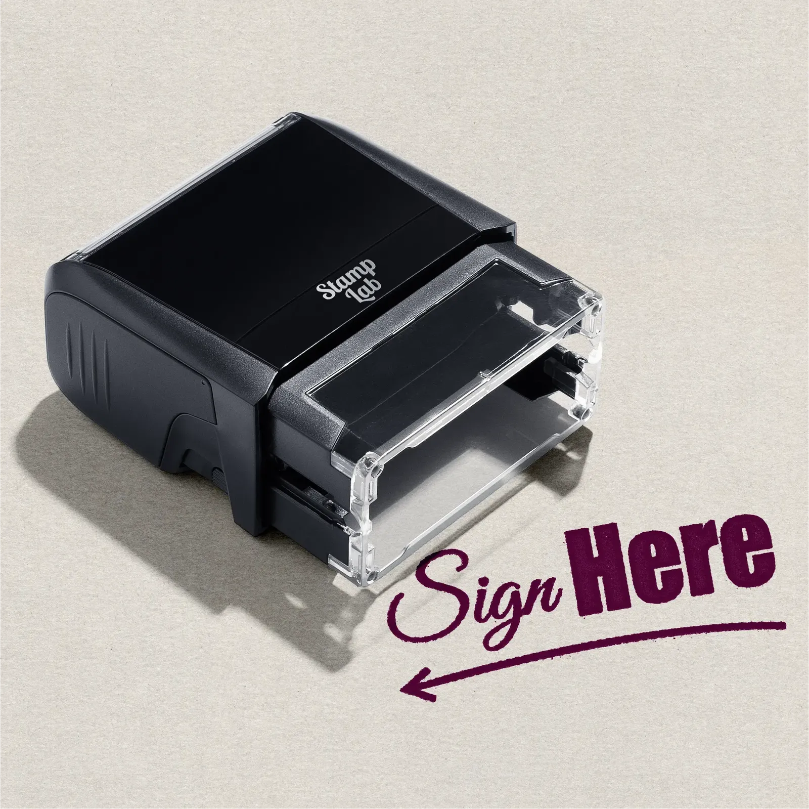 Self-inking stamp ready made design Sign Here' with a left-pointing arrow