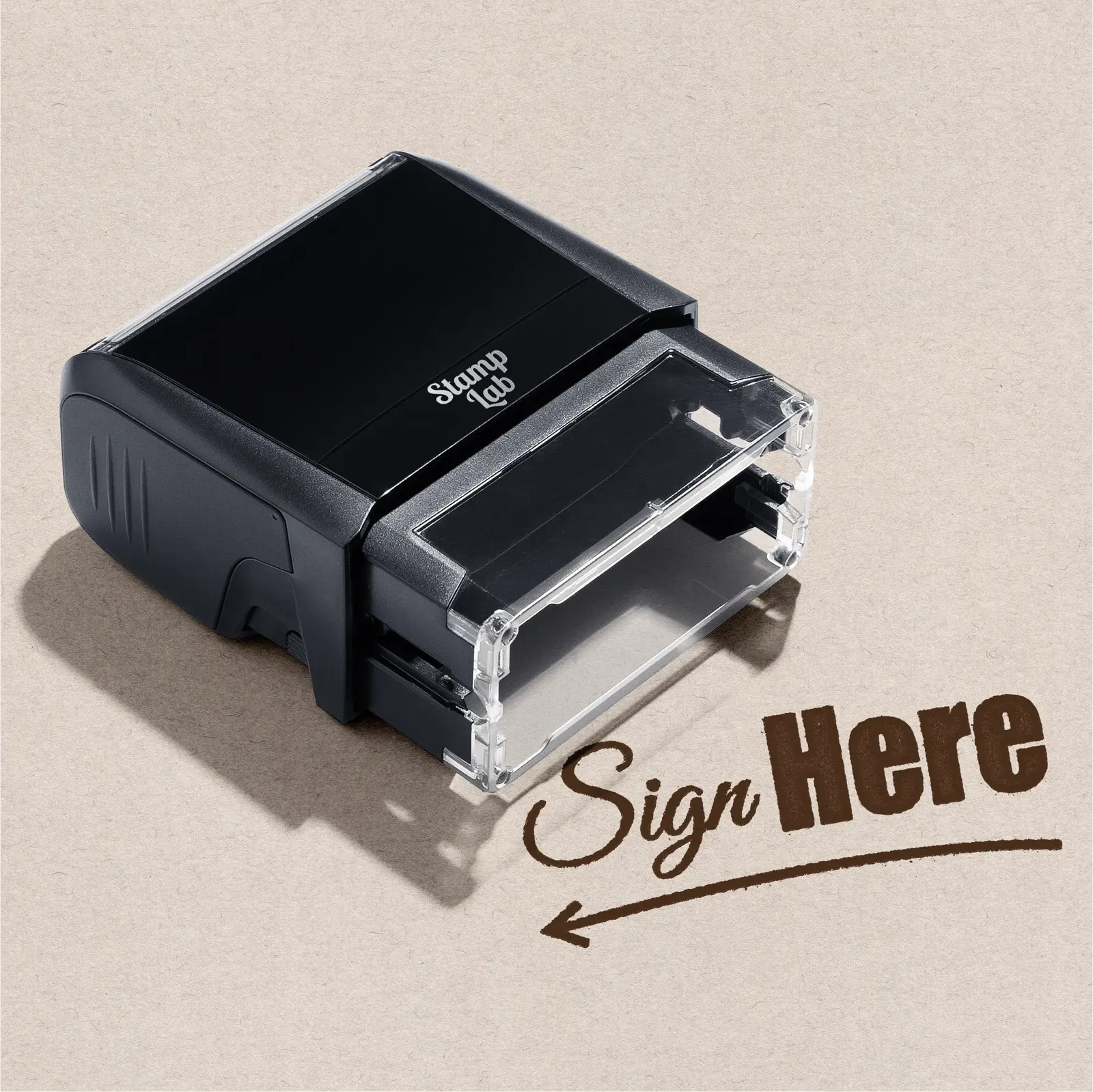 Self-inking stamper brown ink ready made design Sign Here' with a left-pointing arrow