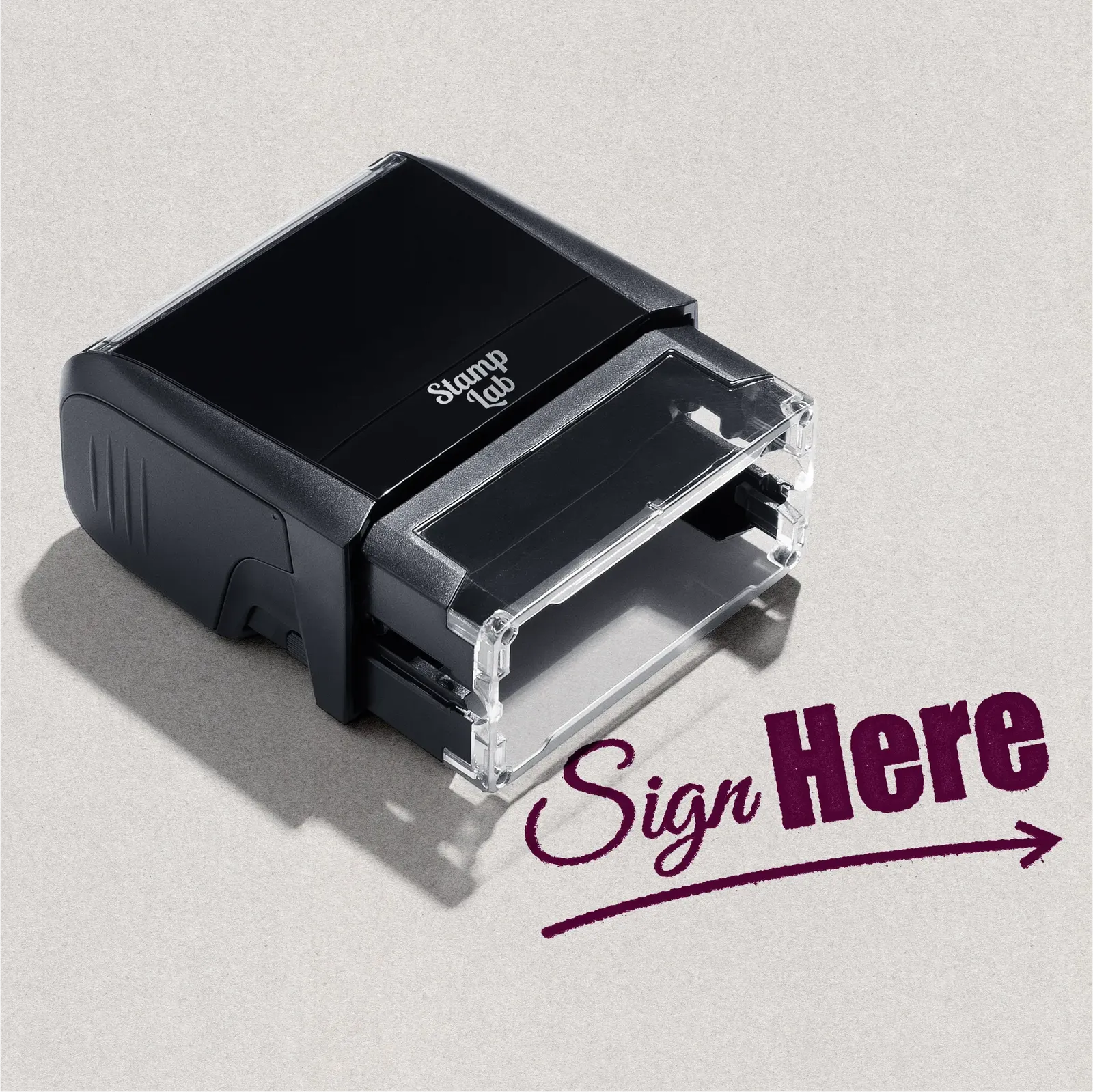 pre-designed self-inking Sign Here rubber stamp right hand arrow