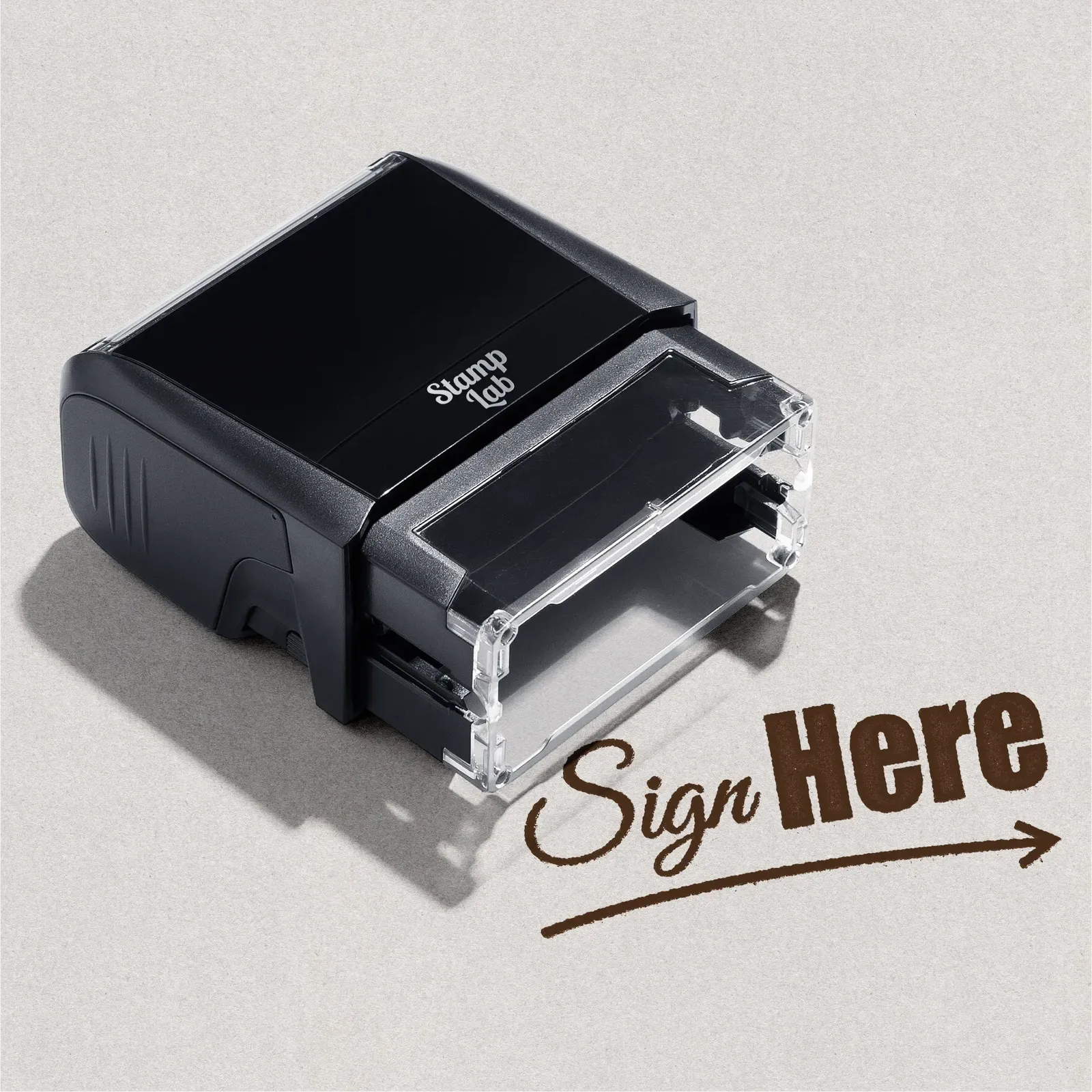 Self-inking Sign Here stamp design right hand arrow Brown ink