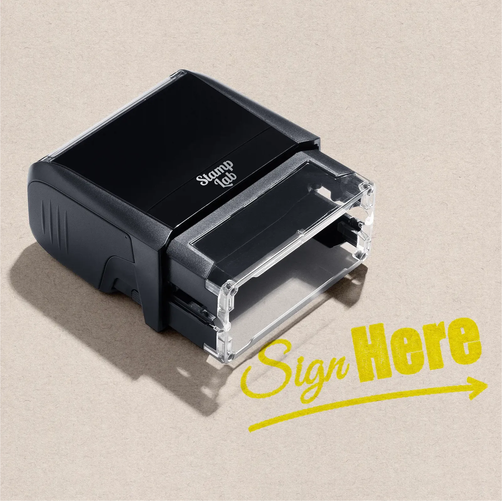 predesigned rubber stamp "Sign Here --->" yellow ink