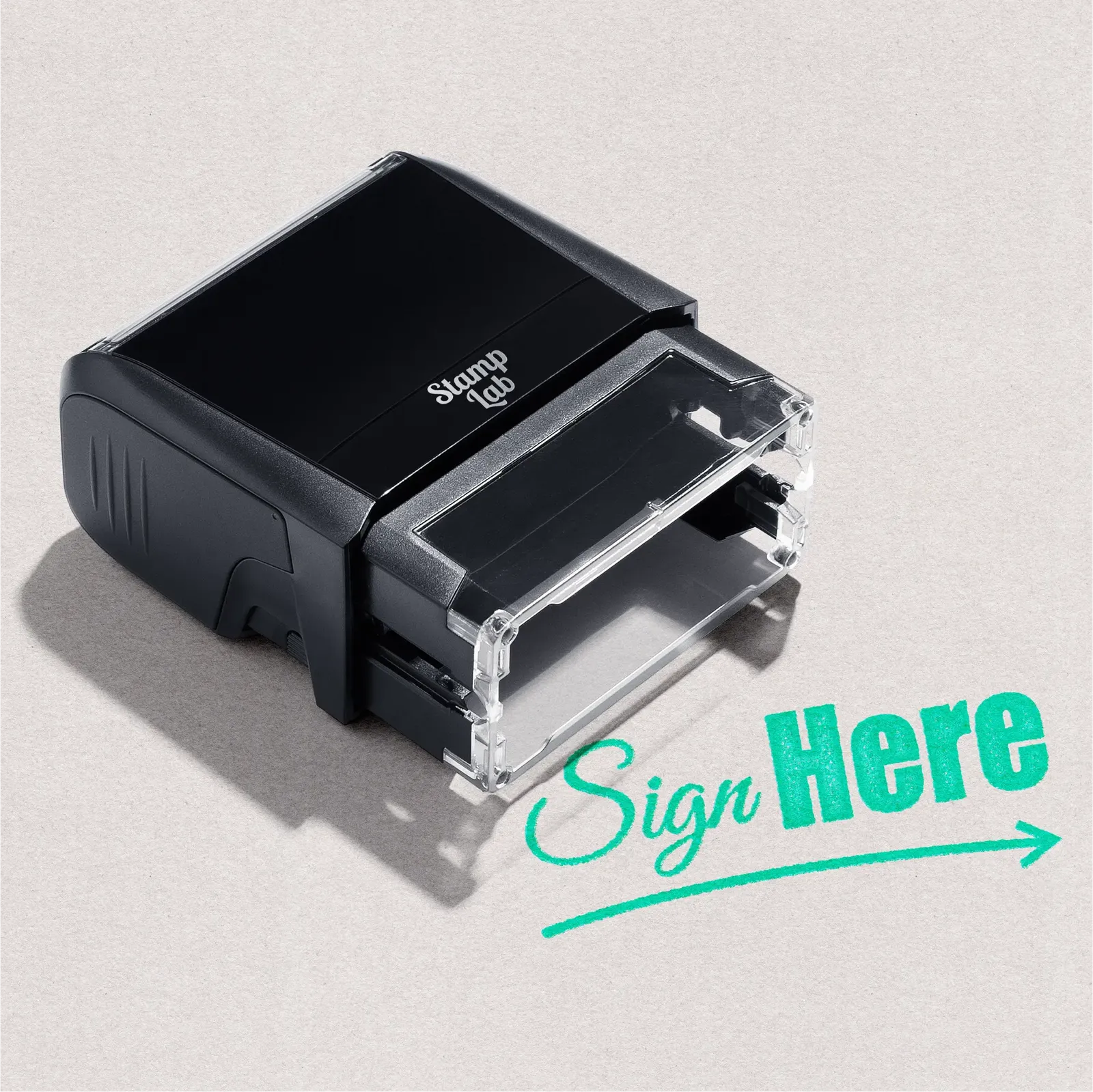 Self-inking stamp ready made design Sign Here with Right hand arrow, mint ink