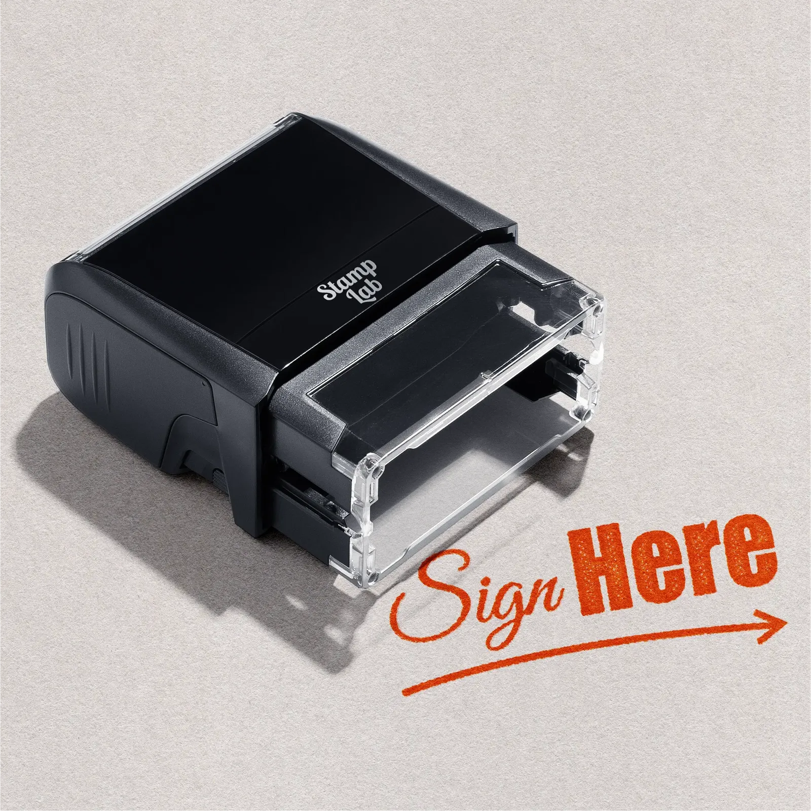Black self-inking stamp 'Sign Here' design Orange ink