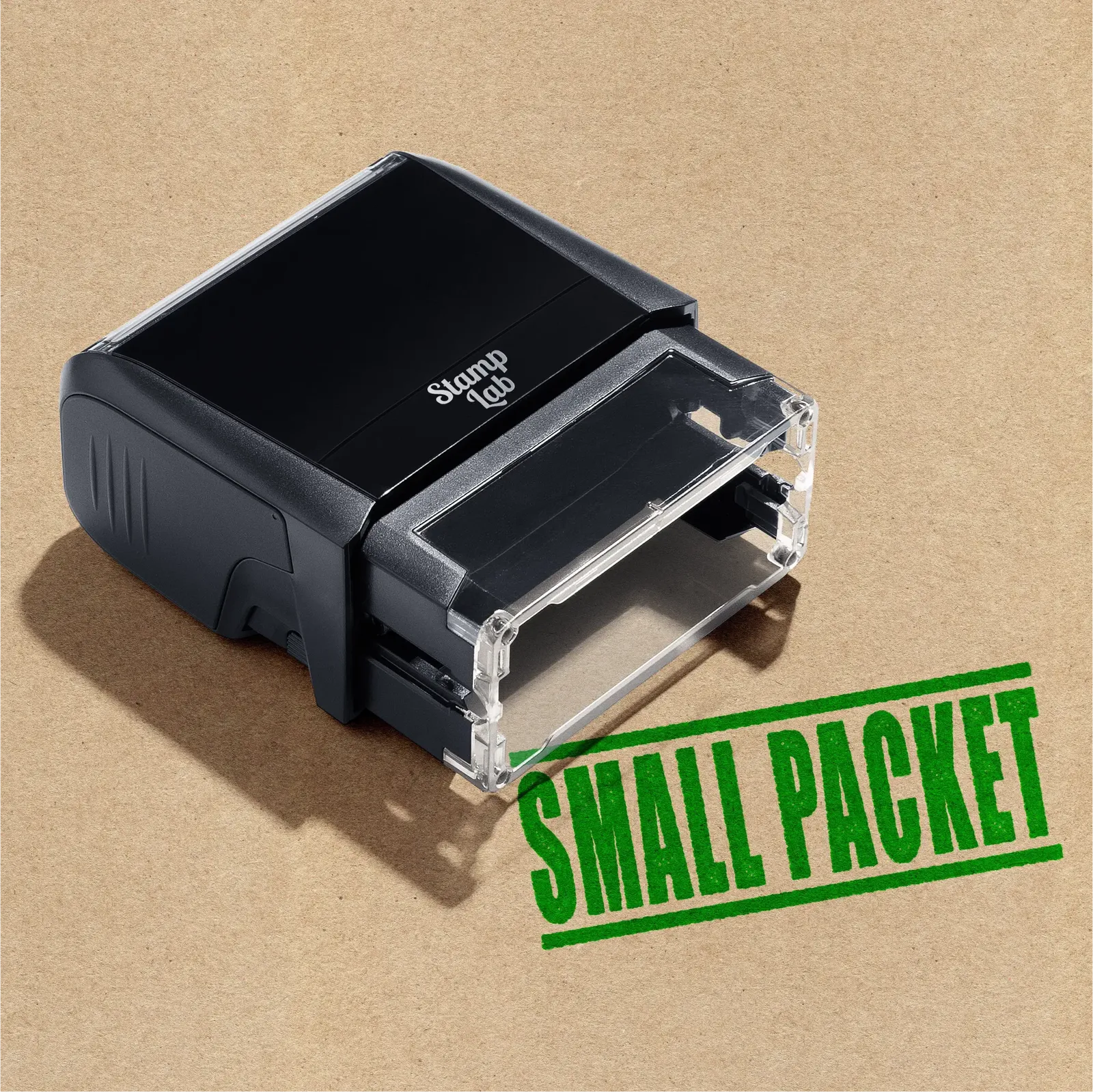 self-inking stamp with a Apple-green ink 'SMALL PACKET' stamp.