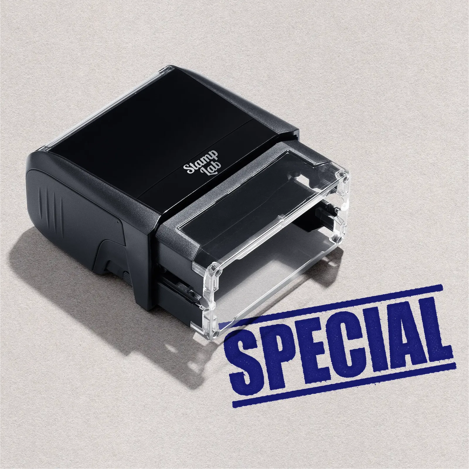 Black rubber stamp with 'Special' text Blue ink
