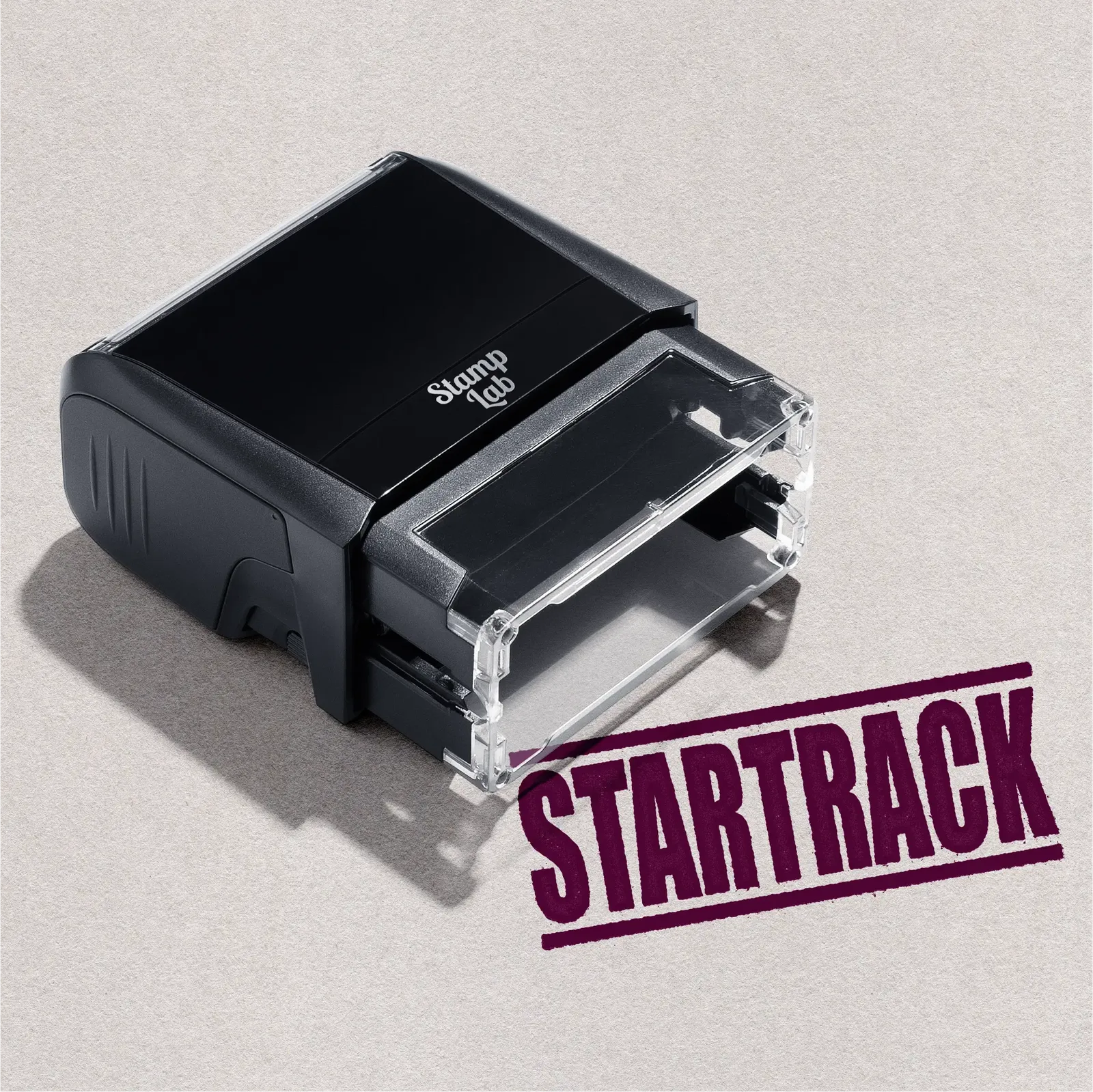 Self-inking rubber stamp ready made design STARTRACK Maroon ink