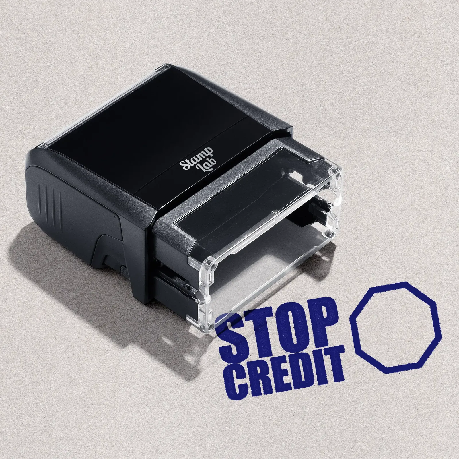 Self-inking stop credit rubber stamp, Blue ink