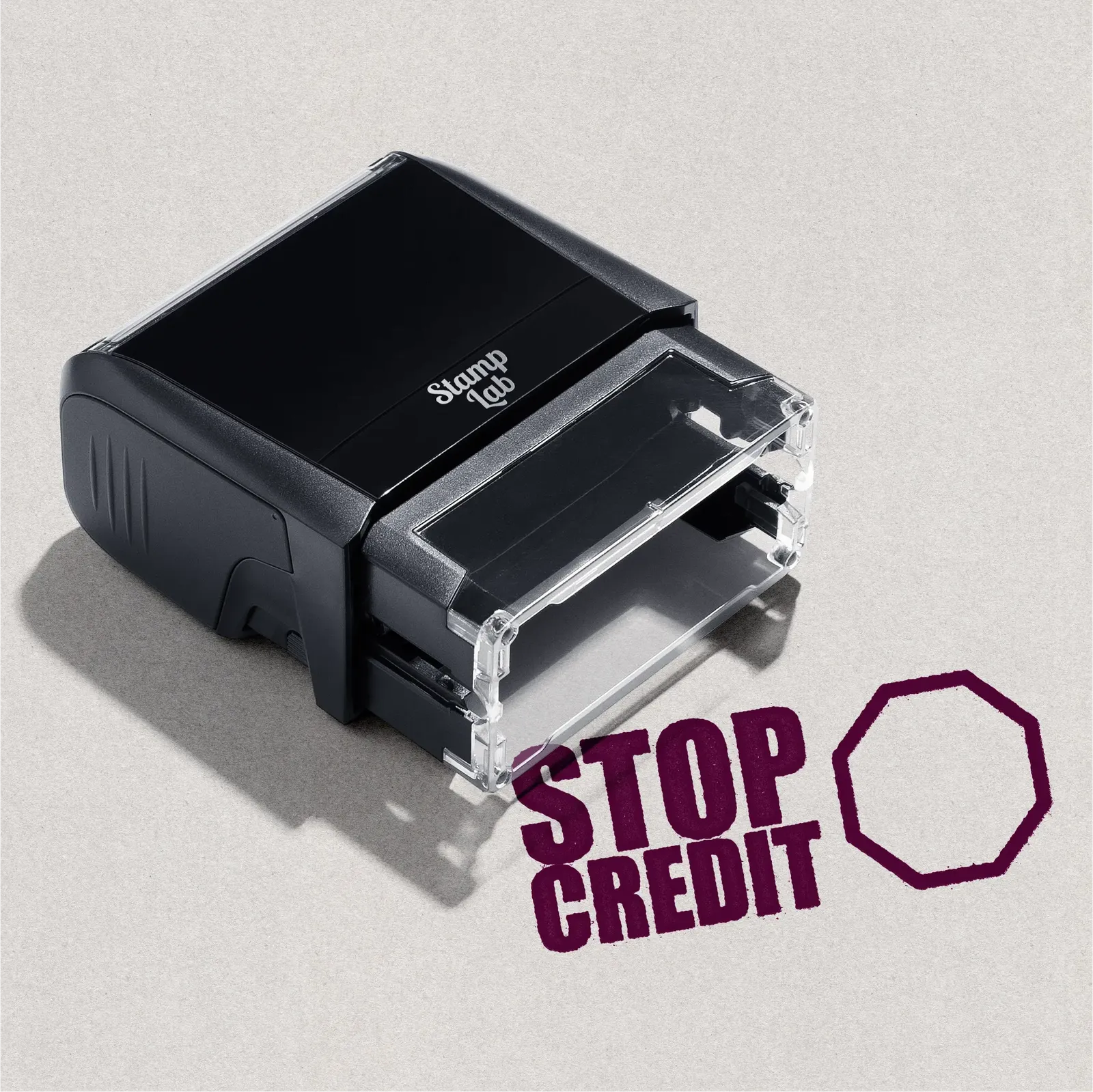 self-inking Stop Credit rubber stamp maroon ink