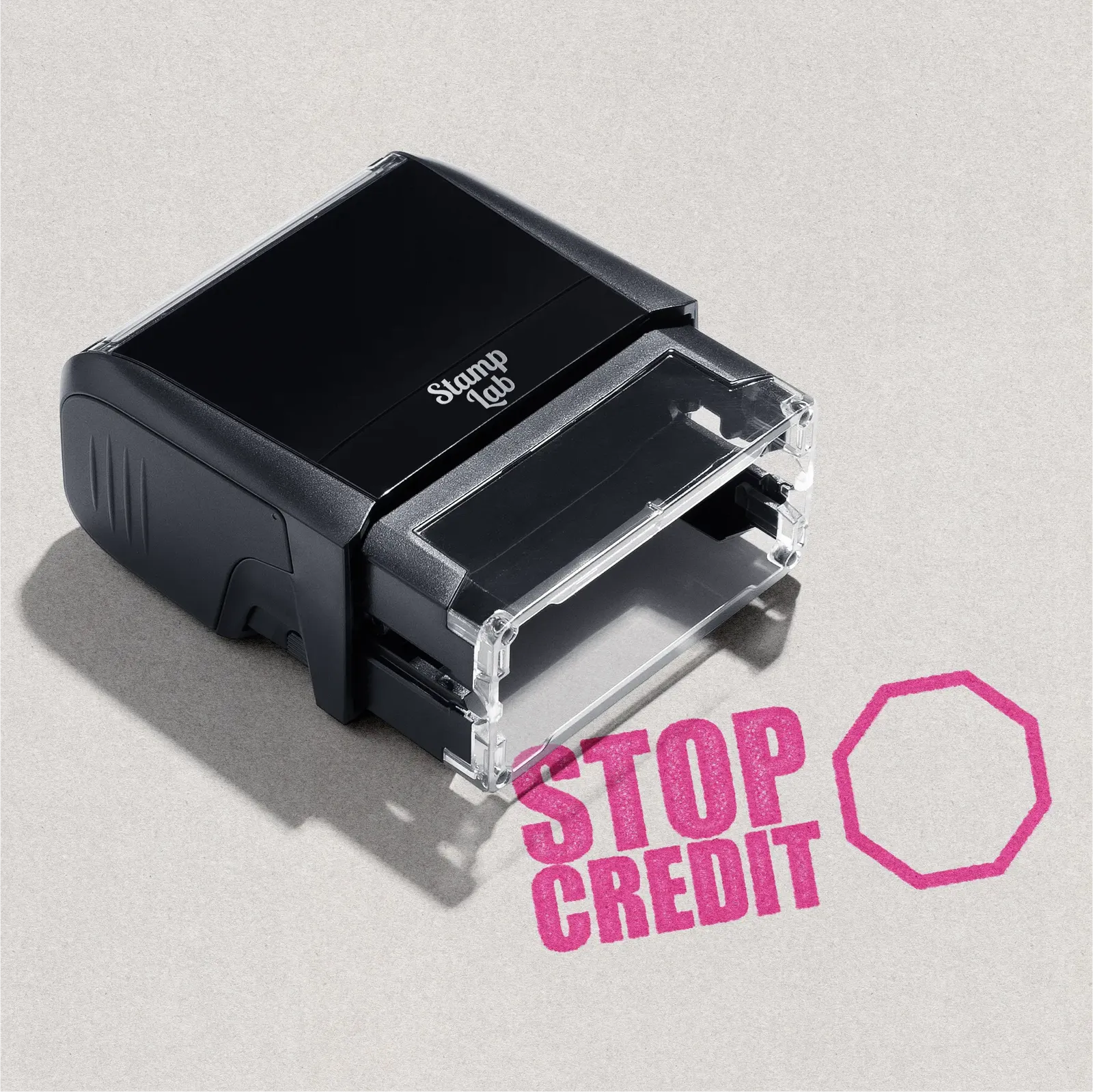 Self-inking rubber stamp Stop Credit design Pink ink