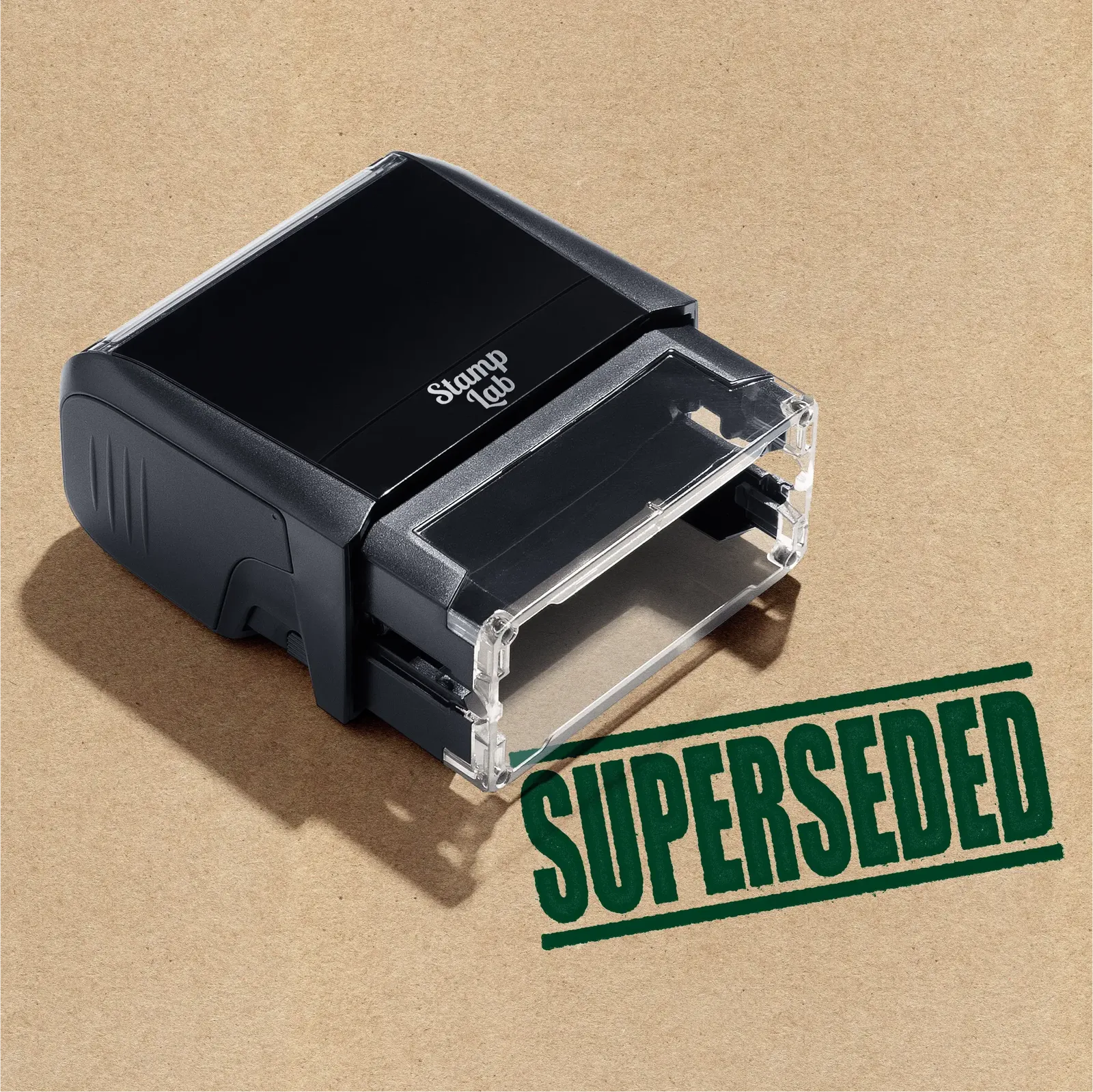 readymade "SUPERSEDED" self-inking stamp green ink