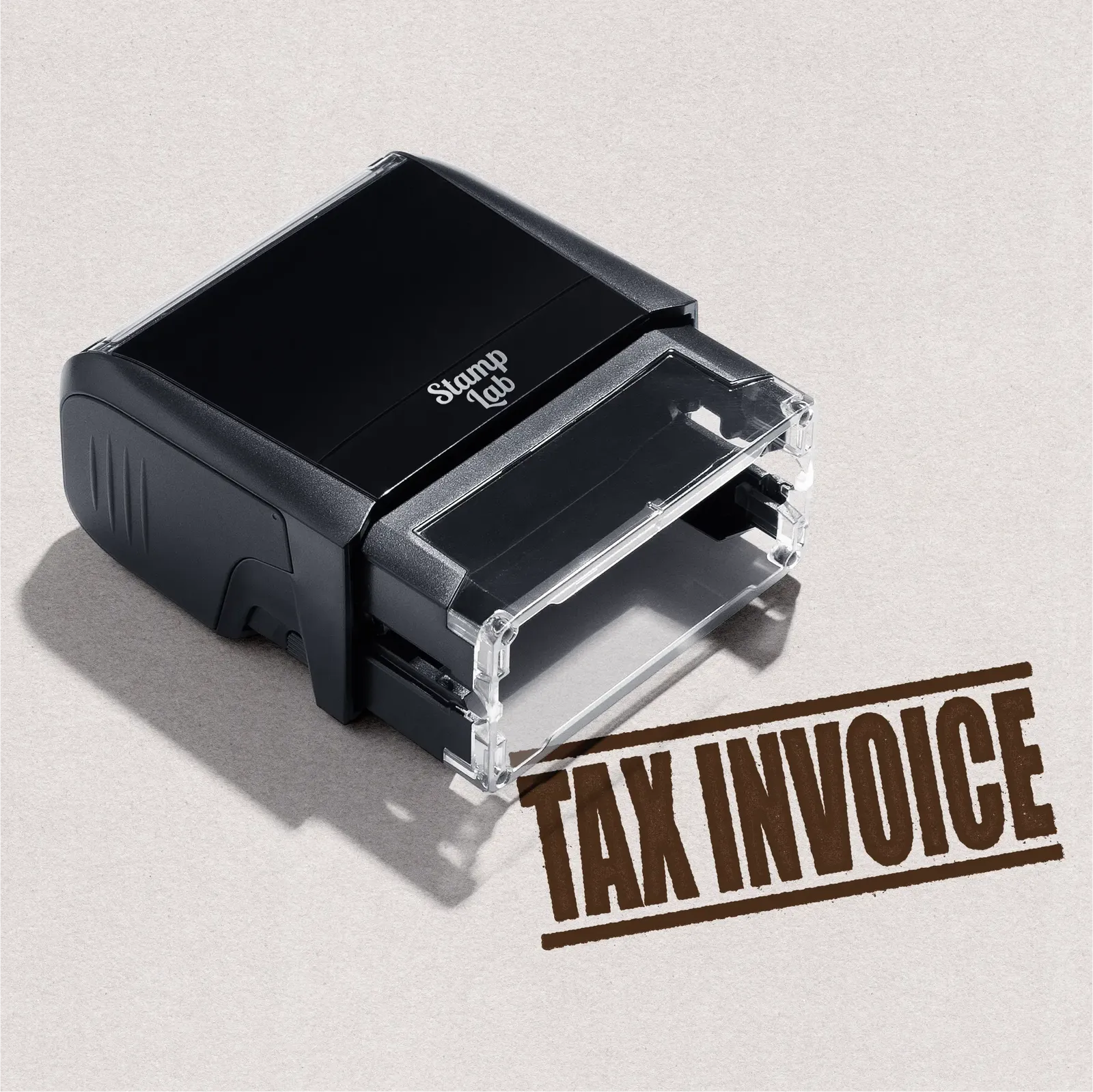 mock up design or lifestyle image of 'Tax Invoice' rubber stamp brown ink in paper background stampers hand stamp office business inventory documents self inking prefill refillable stamps stamping