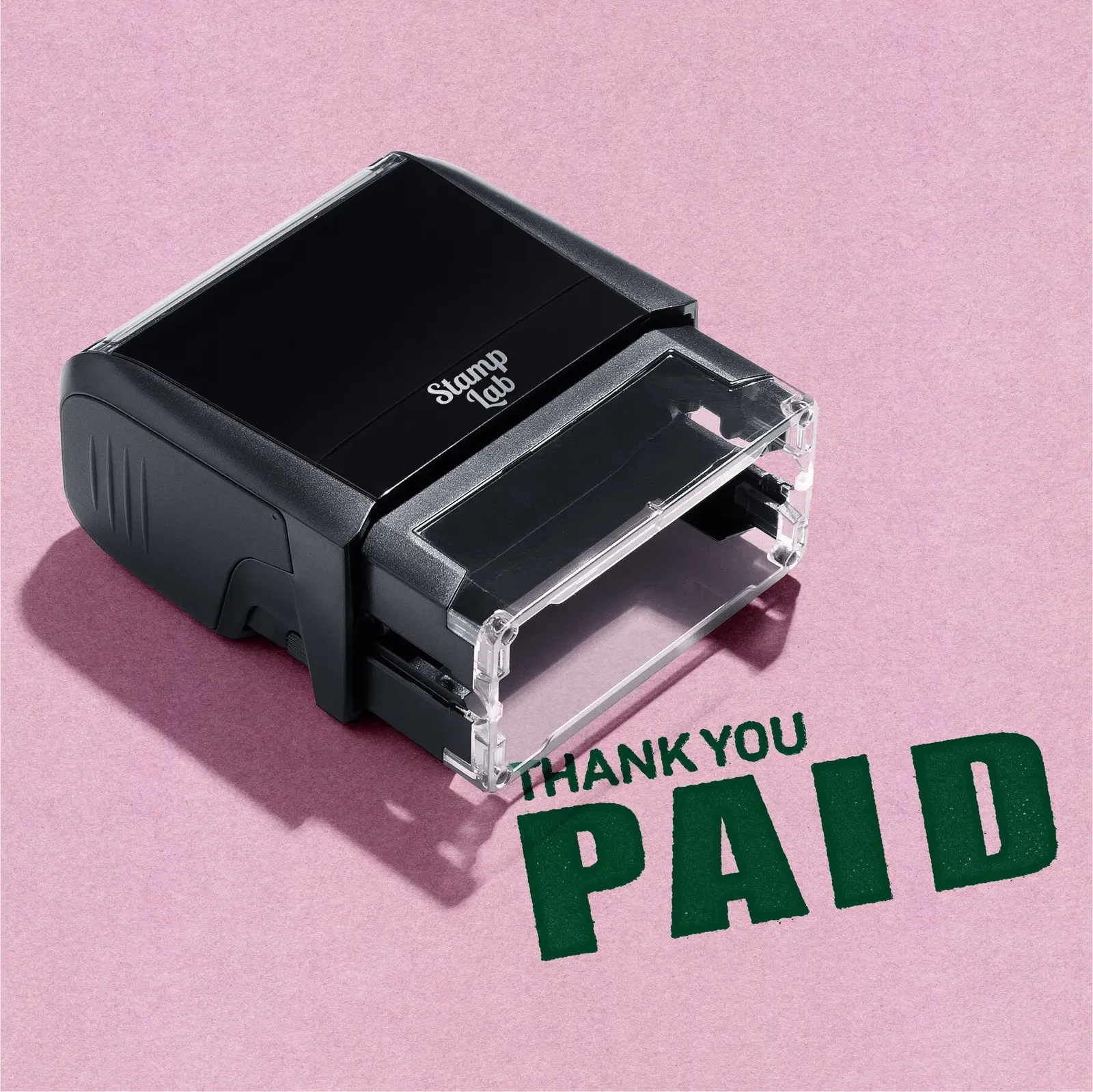 Black stamp with 'Thank You Paid' text in green ink