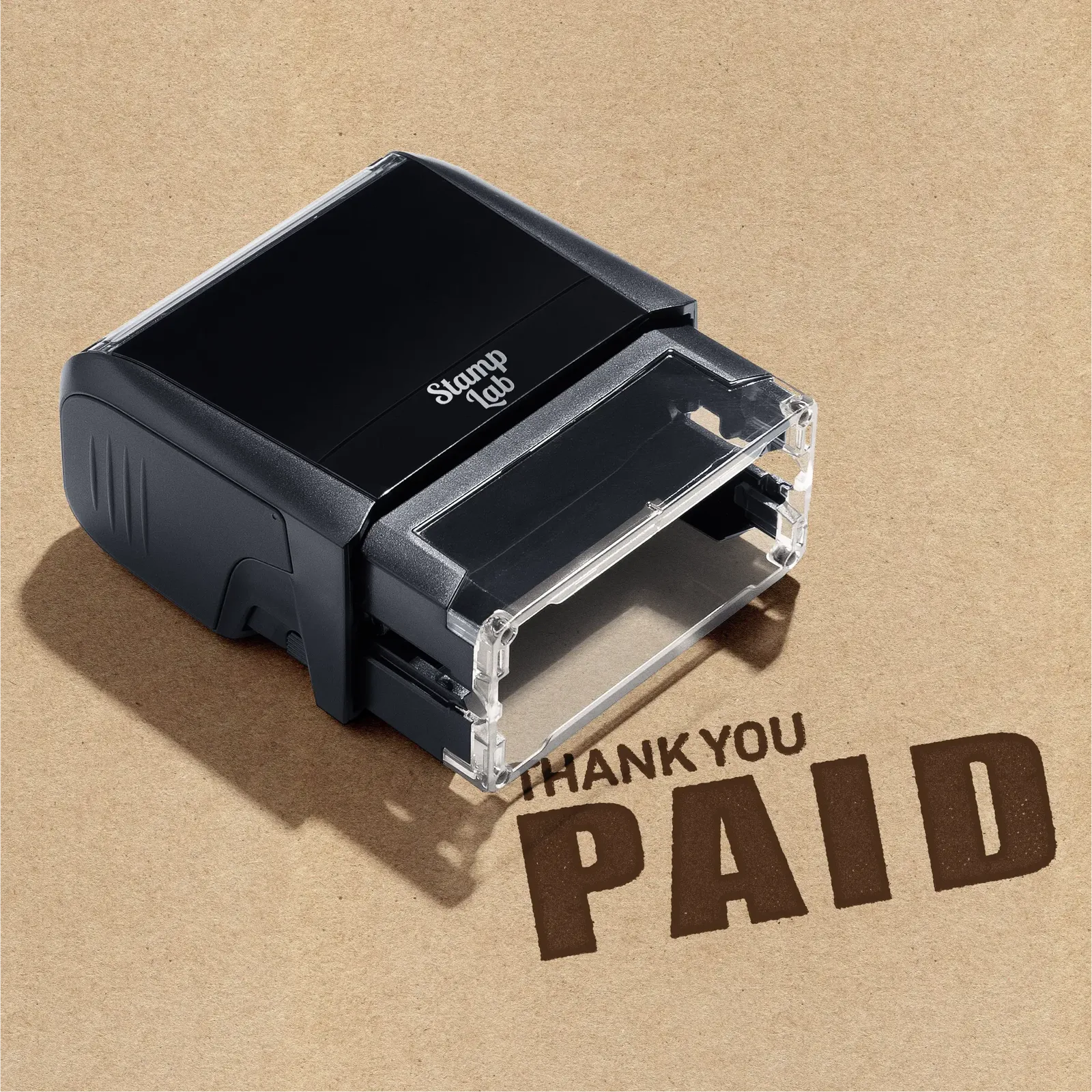 Pre-inked Thank you Paid rubber stamper brown ink