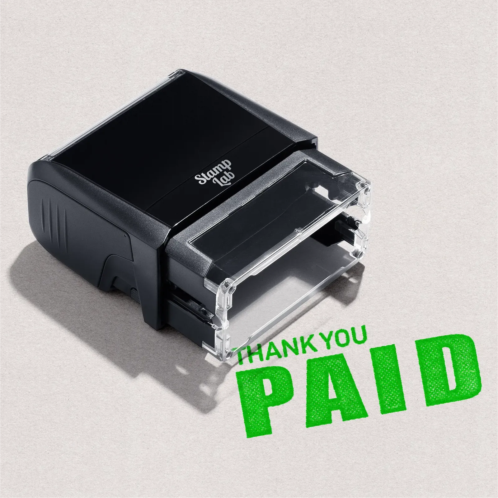 readymade rubber stamp "Paid Thank you" Apple-green ink