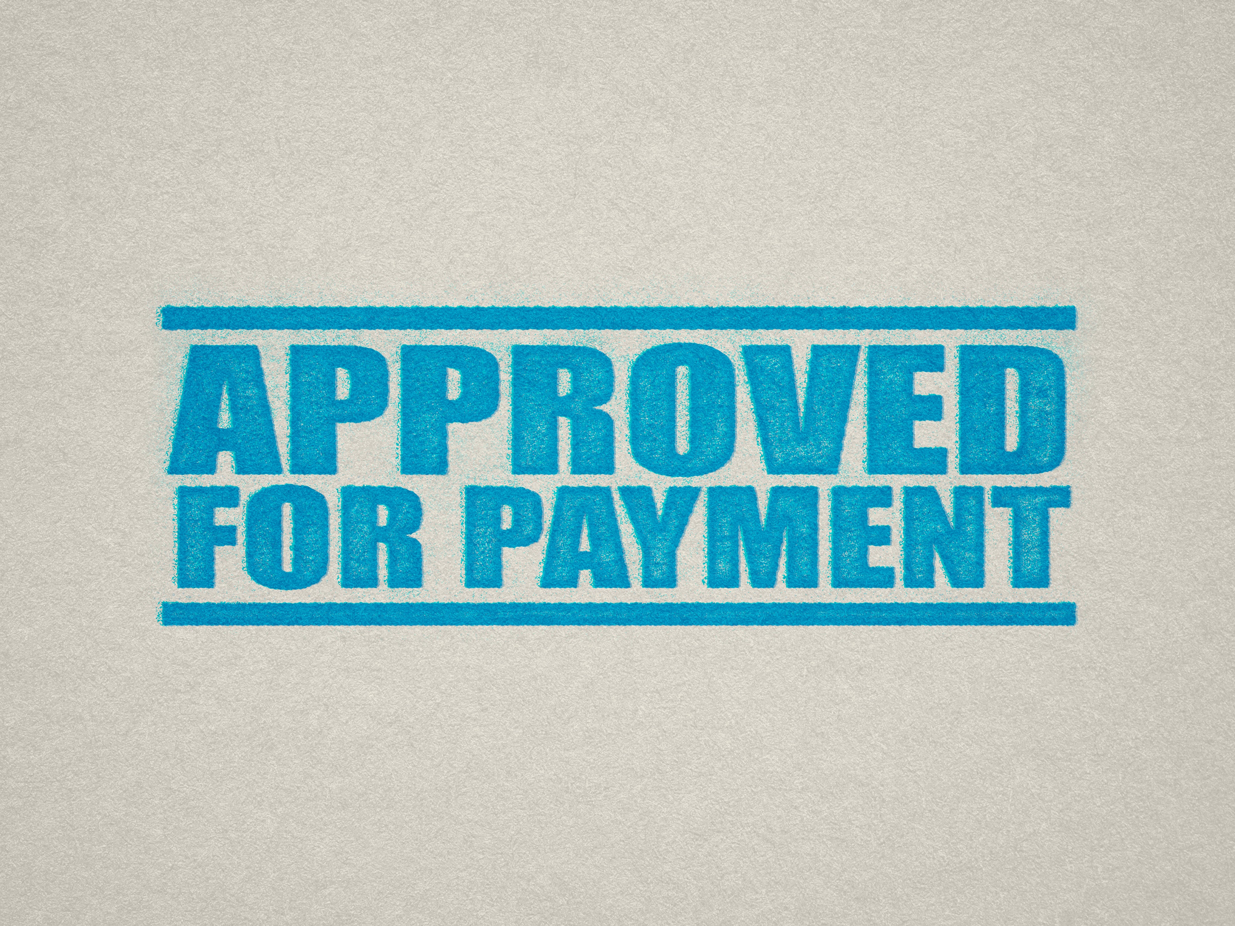 mock up design of 'Approved For Payment" rubber stamp turquoise ink in paper background stampers hand stamp office business inventory documents