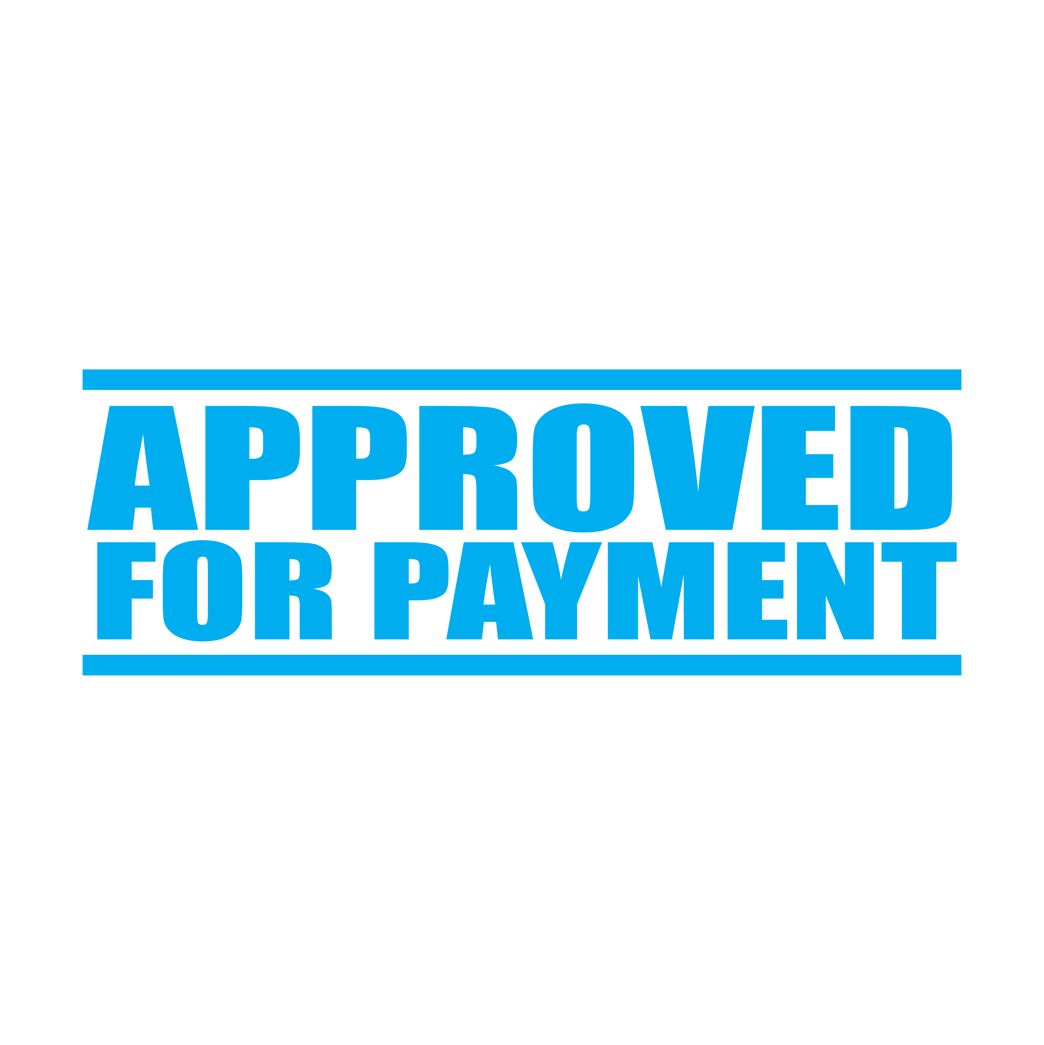 A turquoise self inking rubber stamp with the word 'Approved For Payment' printed in bold capital letters in turquoise ink. stampers hand stamp office business inventory documents