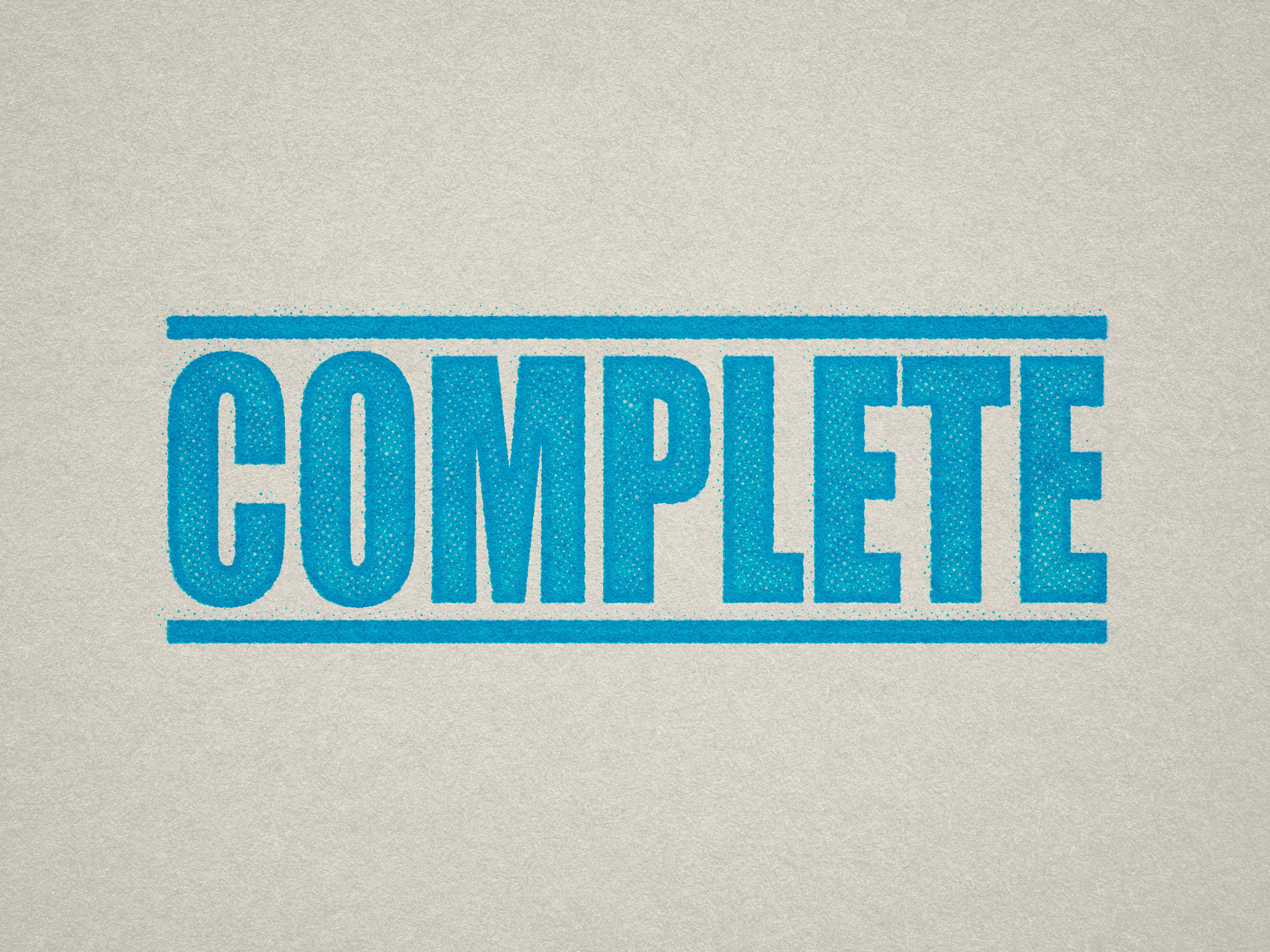 mock up design of 'Complete" rubber stamp turquoise ink in paper background stampers hand stamp office business inventory documents