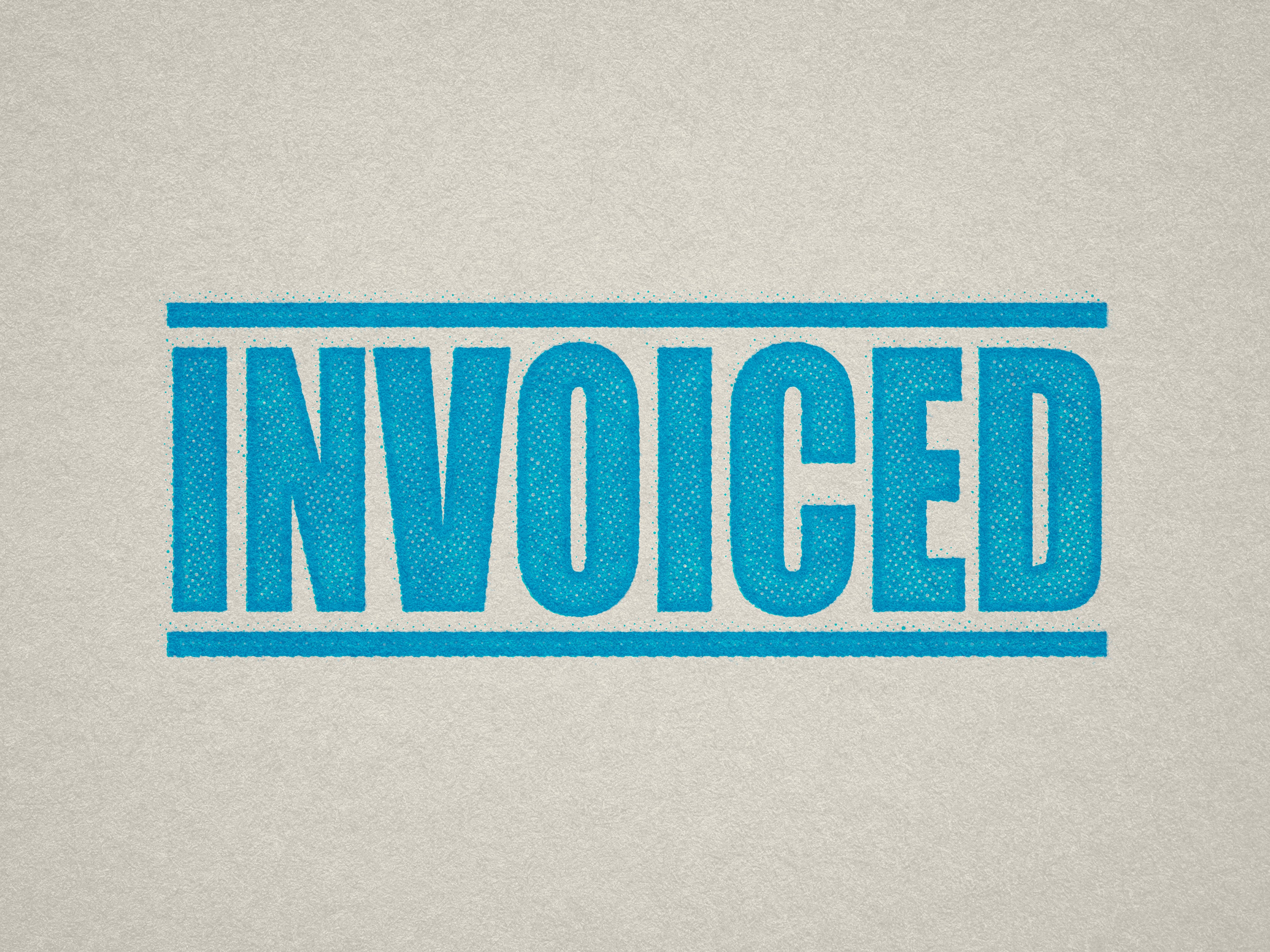 mock up design of INVOICED rubber stamp turquoise ink in paper background stampers hand stamp office business inventory documents skyblue