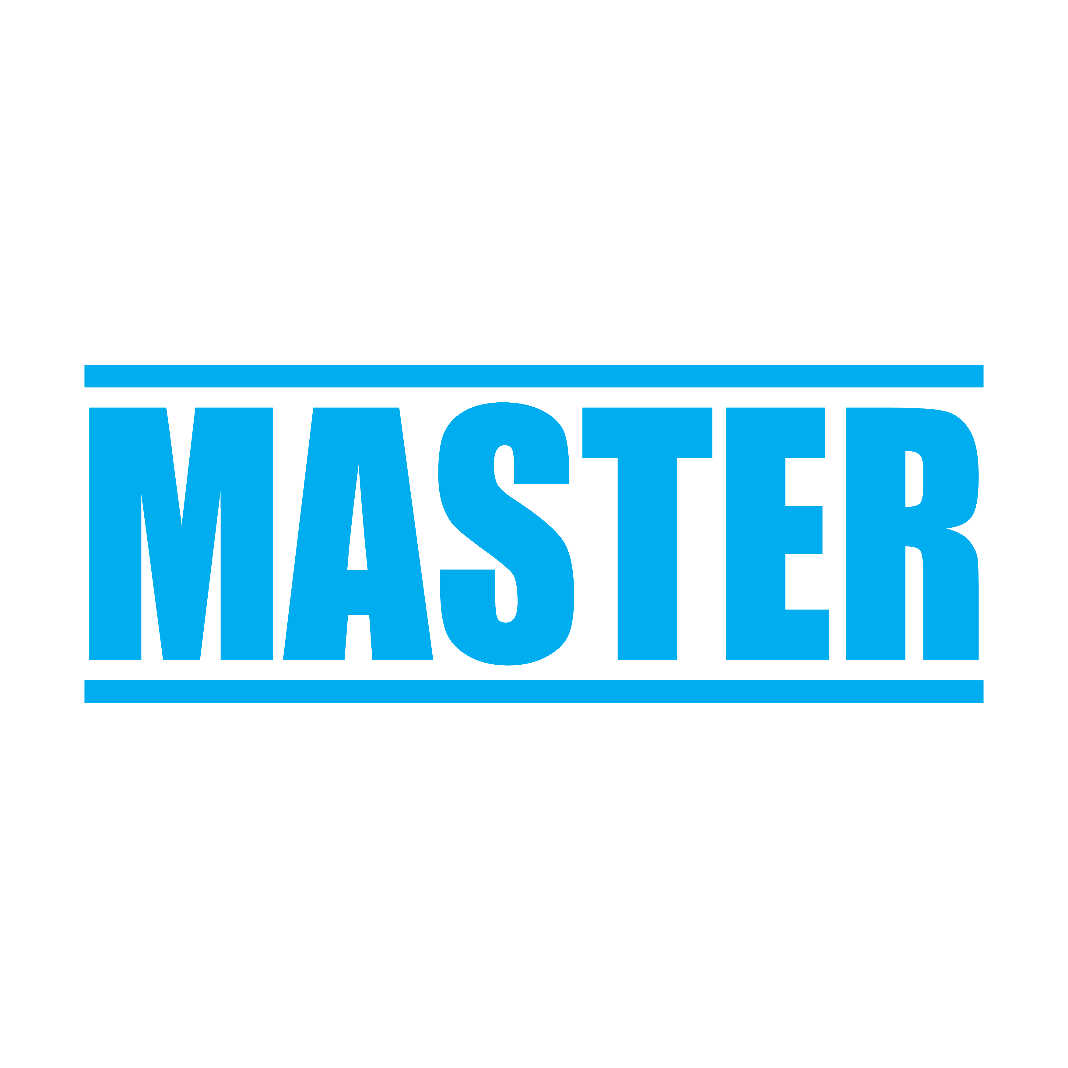 A turquoise self inking rubber stamp with the word 'MASTER' printed in bold capital letters in turquoise ink. stampers hand stamp office business inventory documents