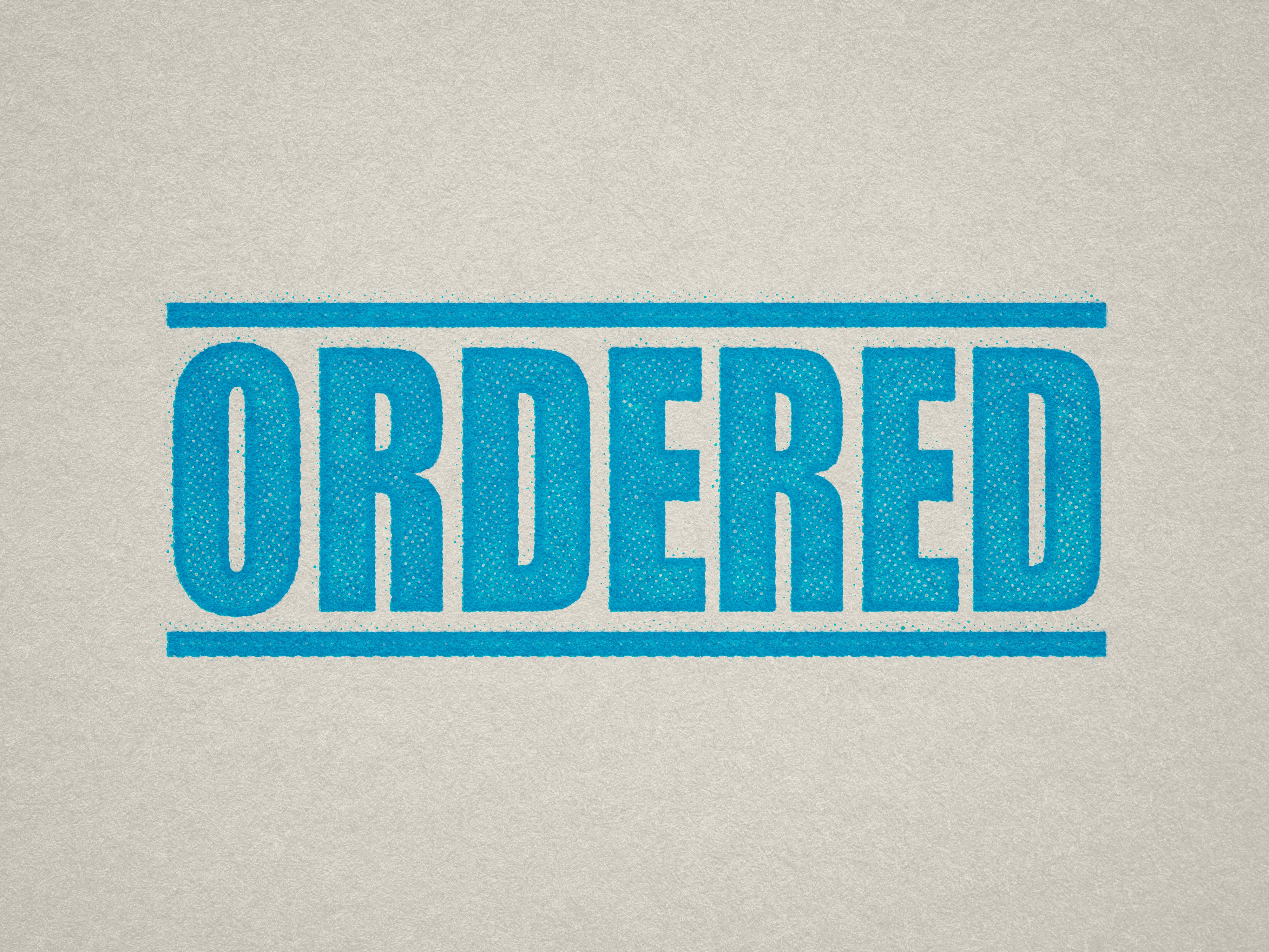 Mock up design or lifestyle image of 'ORDERED' rubber stamp turquoise ink in paper background stampers hand stamp office business inventory documents self inking prefill refillable stamps stamping