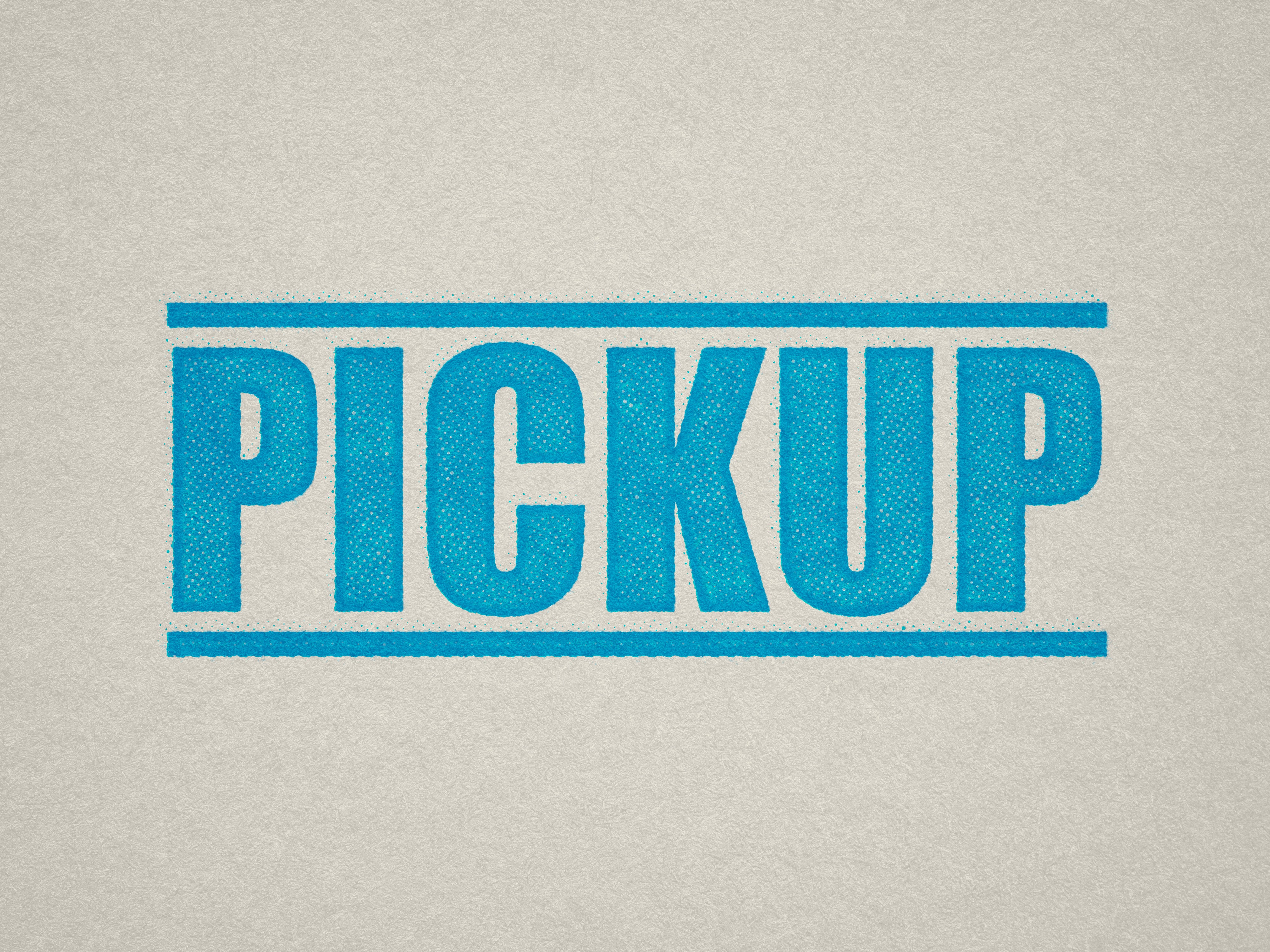 mock up design of 'Pickup" rubber stamp turquoise ink in paper background stampers hand stamp office business inventory documents pick up