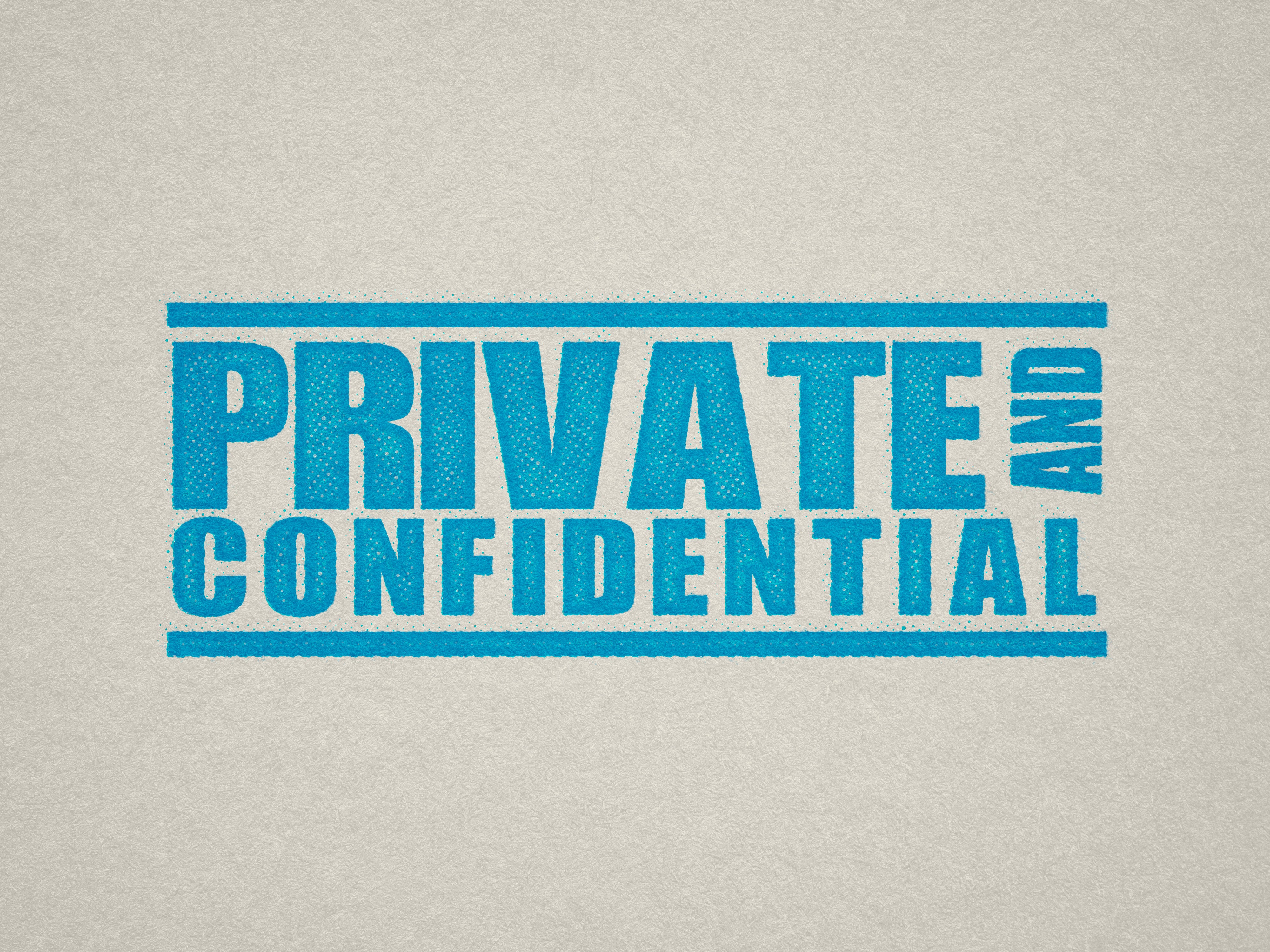 mock up design of 'Private and Confidential" rubber stamp turquoise ink in paper background stampers hand stamp office business inventory documents