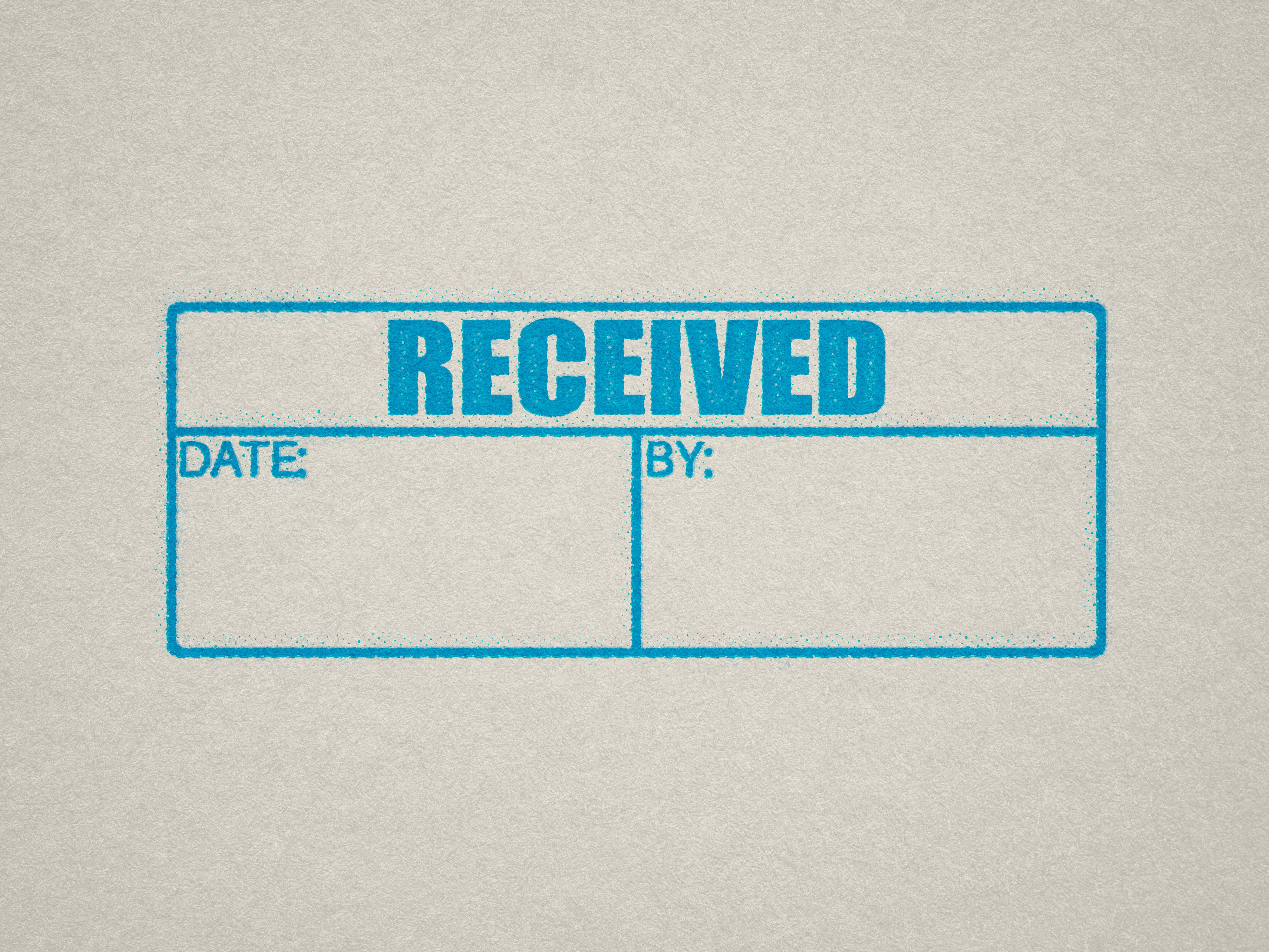 readymade stamp RECEIVED 'Date' and 'By' turquoise ink