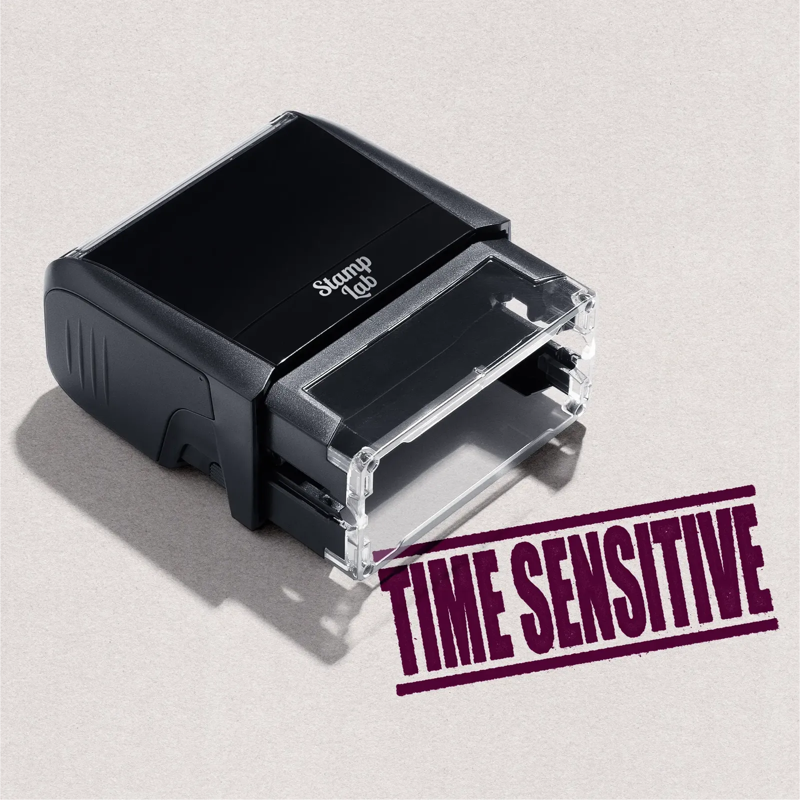 predesigned Time Sensitive stamp maroon ink